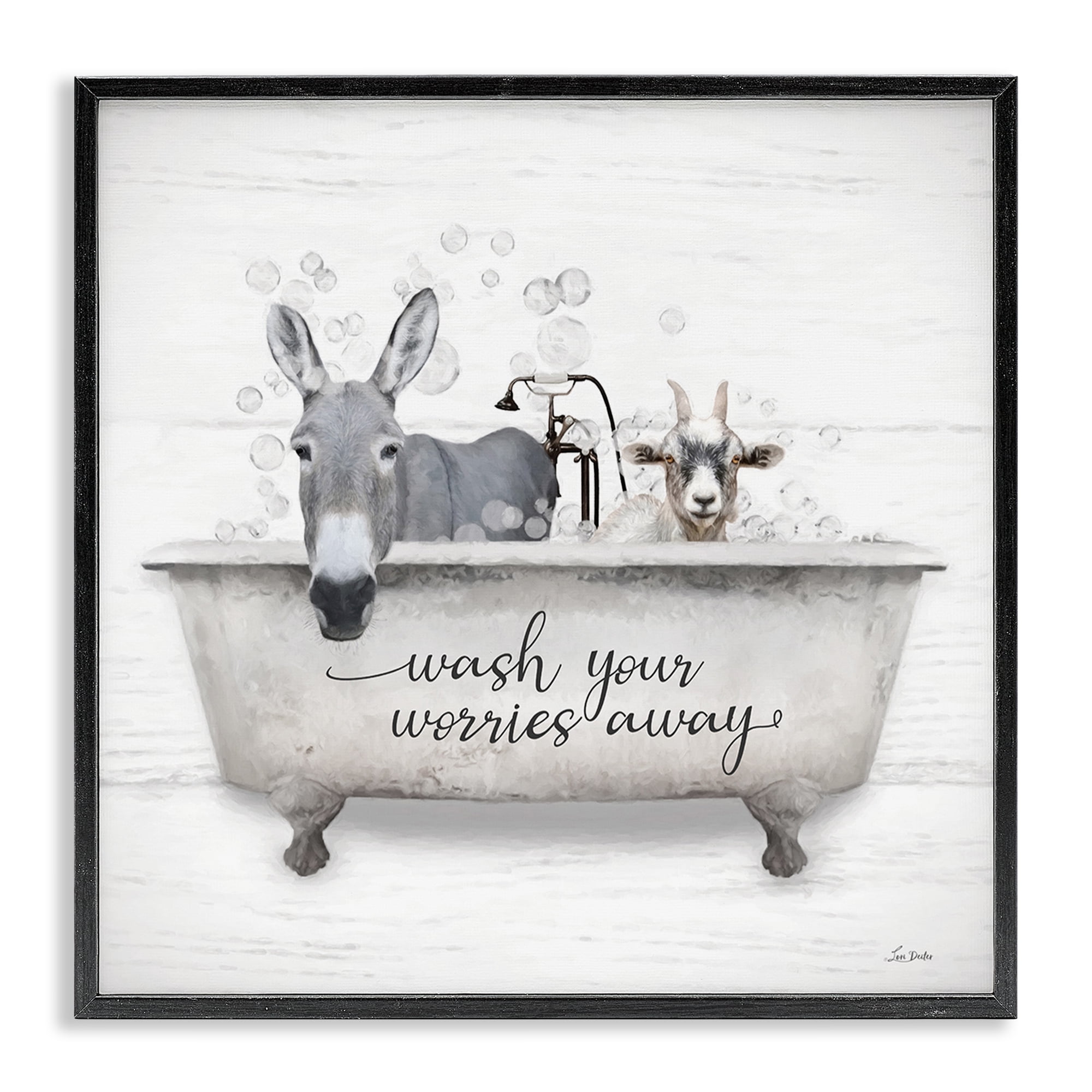 Stupell Industries Wash Worries Away Tub Typography Painting Black Framed Art Print Wall Art, 24 x 24