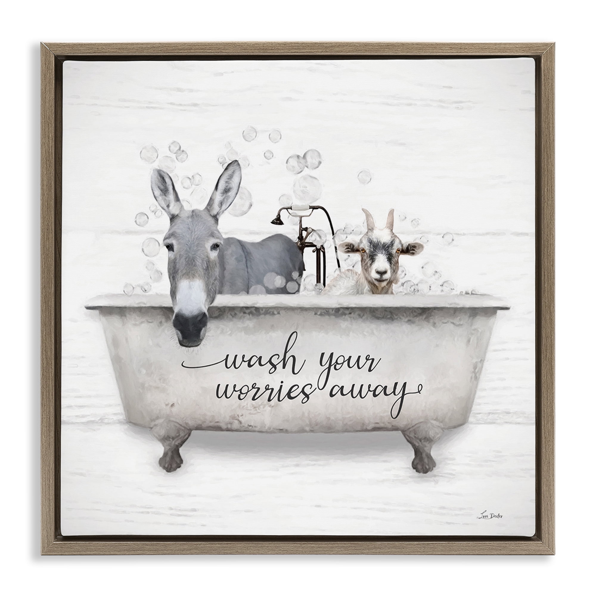 Stupell Industries Wash Worries Away Tub Typography Painting Brown Floater Framed Canvas Art Print Wall Art, 18 x 18