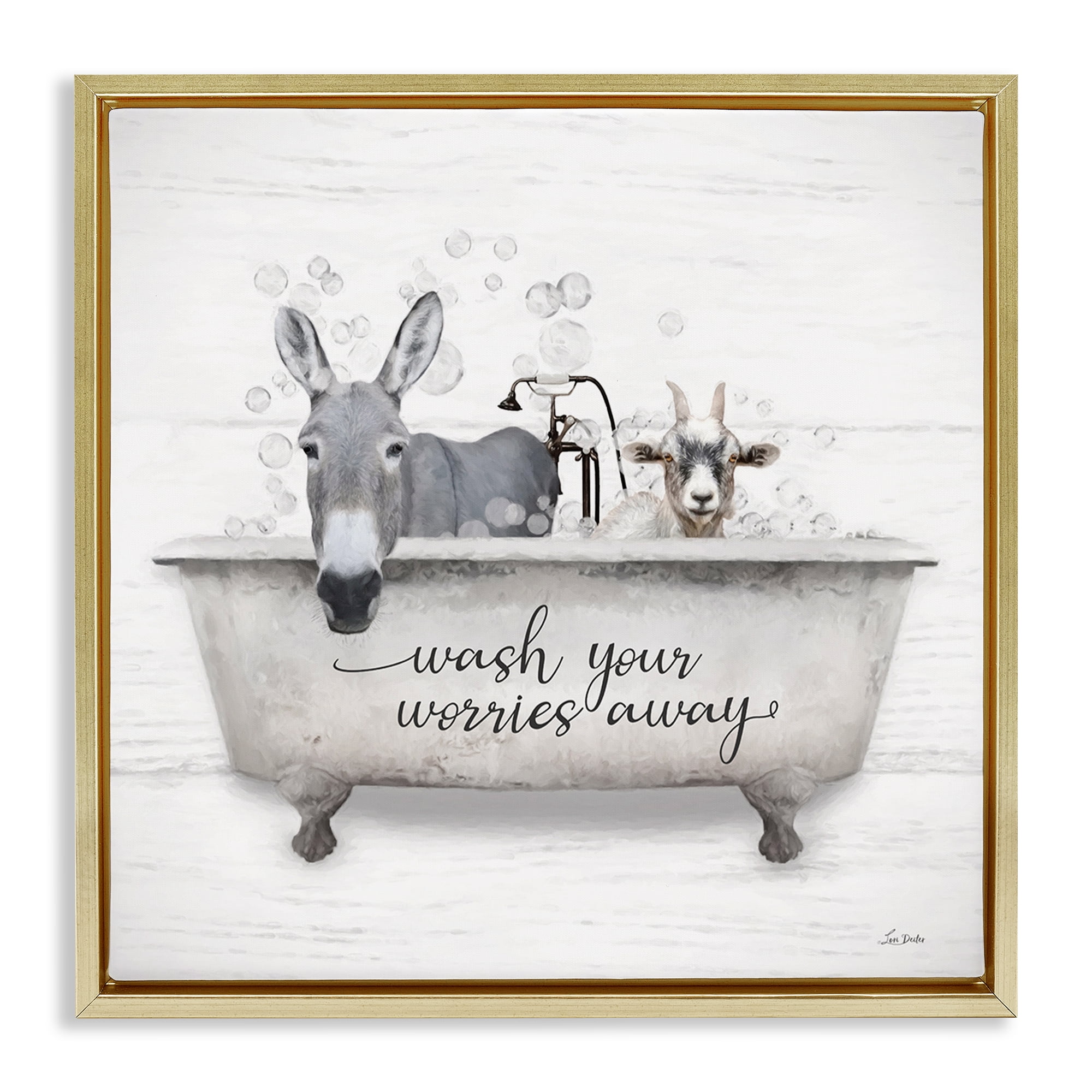 Stupell Industries Wash Worries Away Tub Typography Painting Gold Floater Framed Canvas Art Print Wall Art, 18 x 18