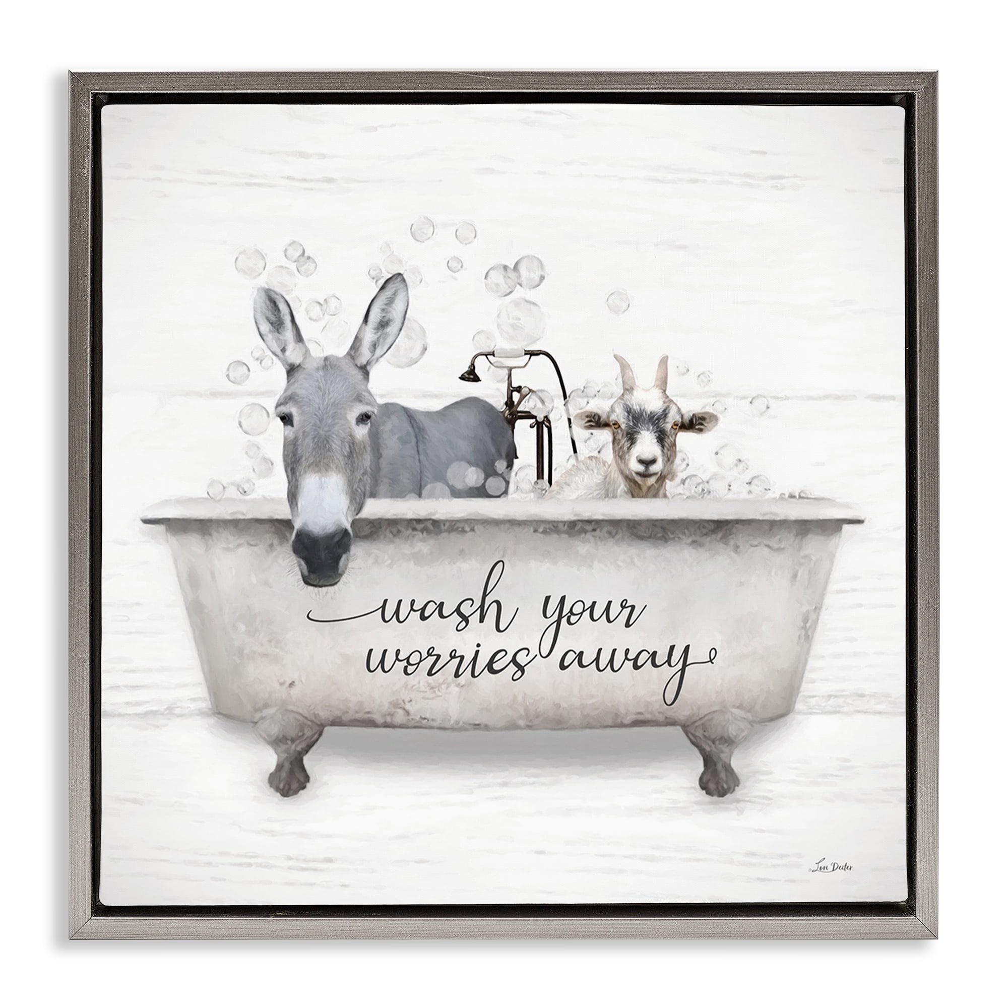Stupell Industries Wash Worries Away Tub Typography Painting Gray Floater Framed Canvas Art Print Wall Art, 25 x 25