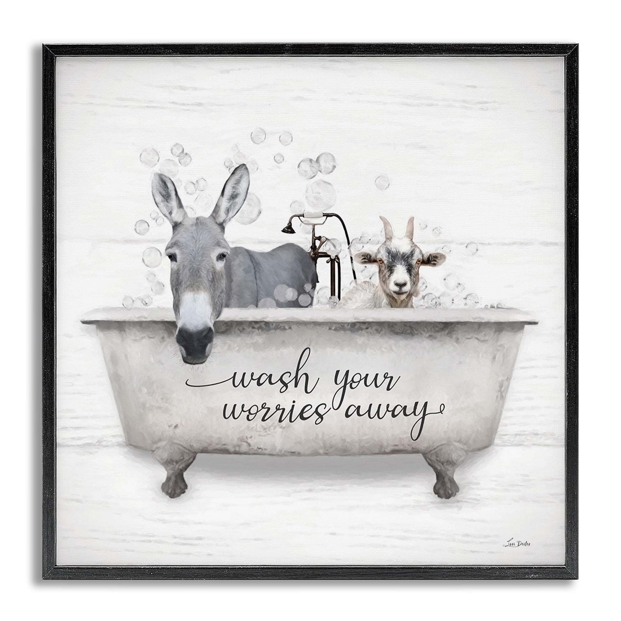 Stupell Industries Wash Worries Away Tub Typography Painting Gray Framed Art Print Wall Art, 17 x 17