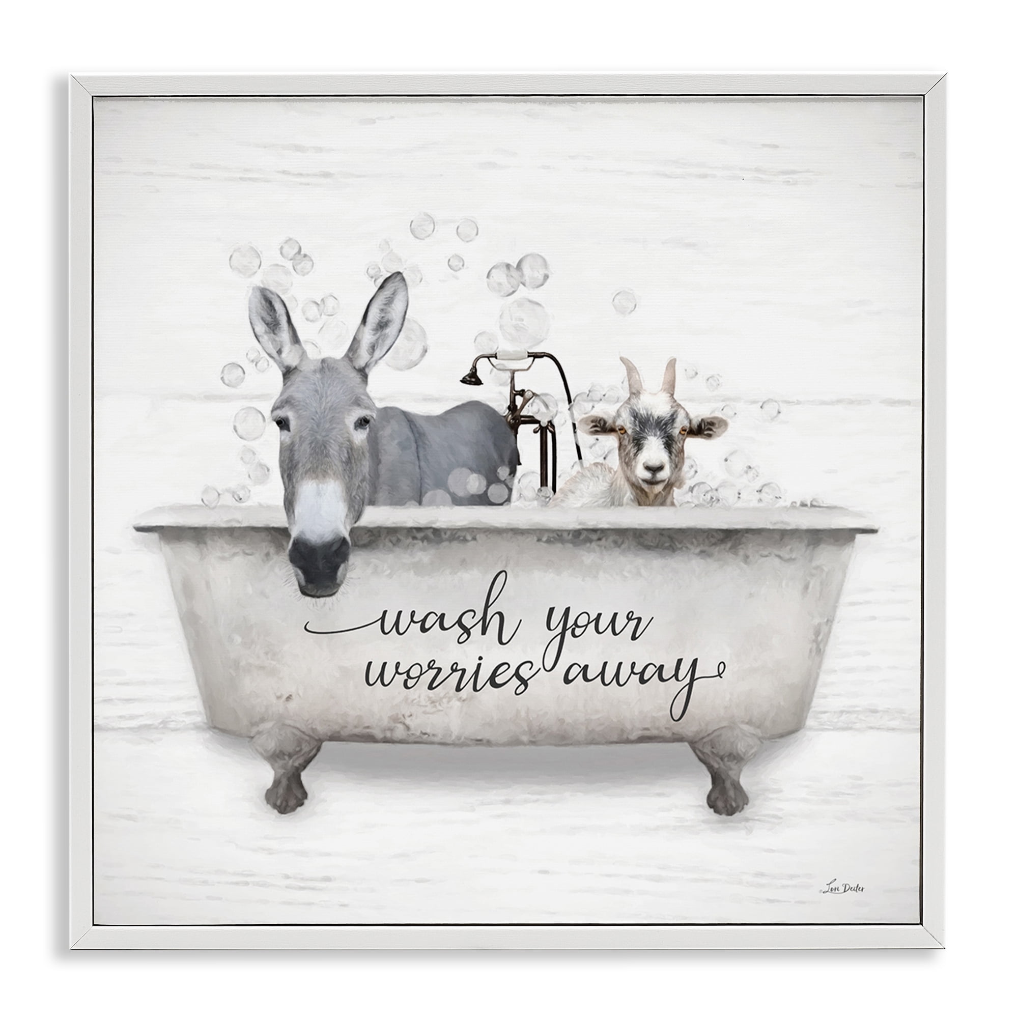 Stupell Industries Wash Worries Away Tub Typography Painting White Framed Art Print Wall Art, 17 x 17