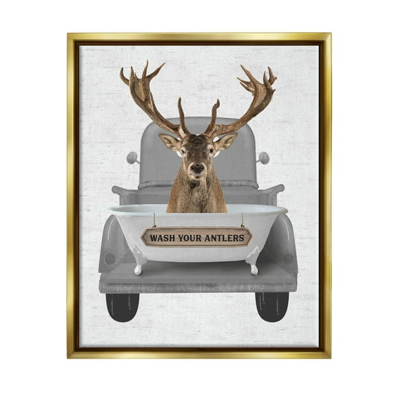 Stupell Industries Wash Your Antlers Deer Animals & Insects Painting Gold Floater Framed Art Print Wall Art, 25 x 31