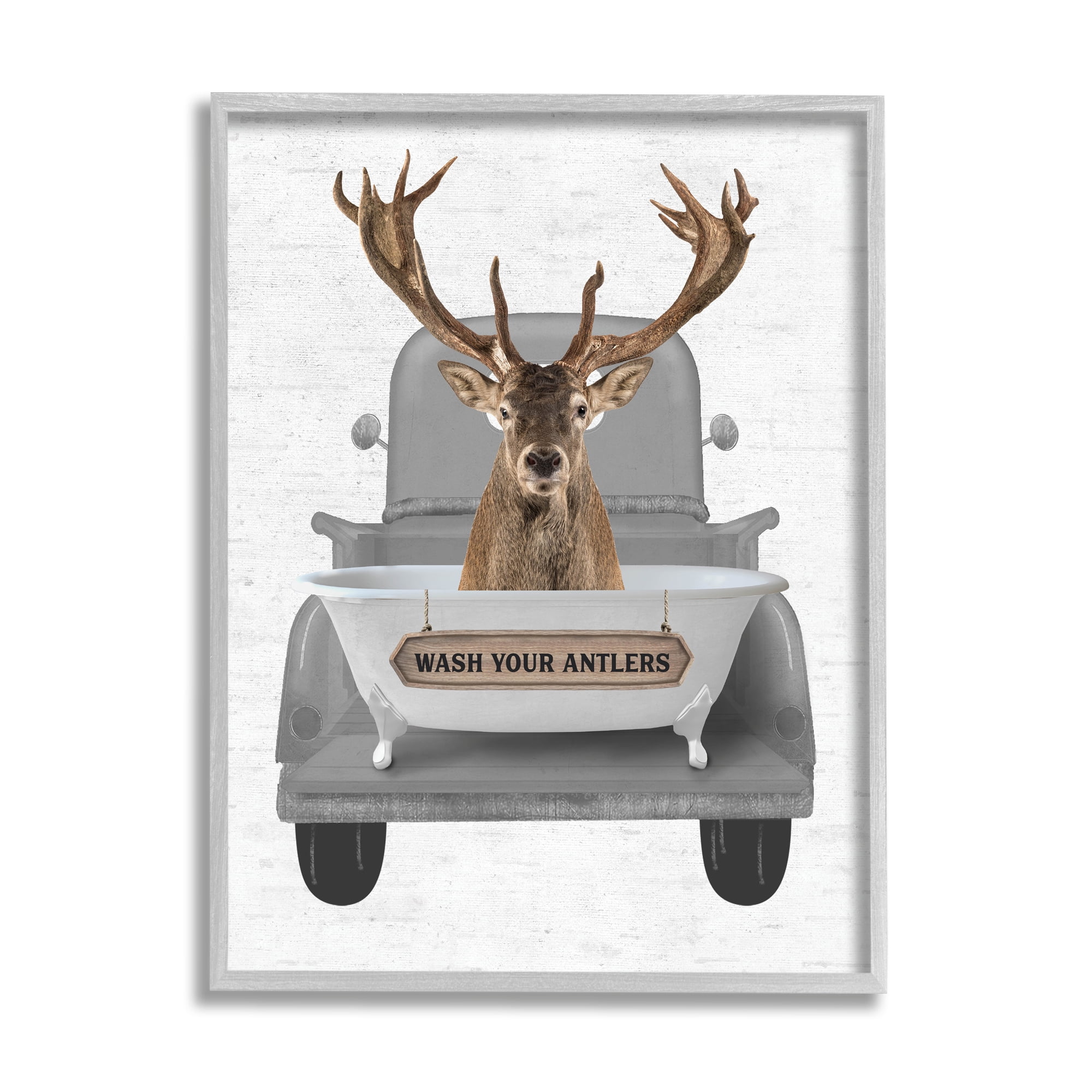 Stupell Industries Wash Your Antlers Deer Animals & Insects Painting Gray Framed Art Print Wall Art, 11 x 14