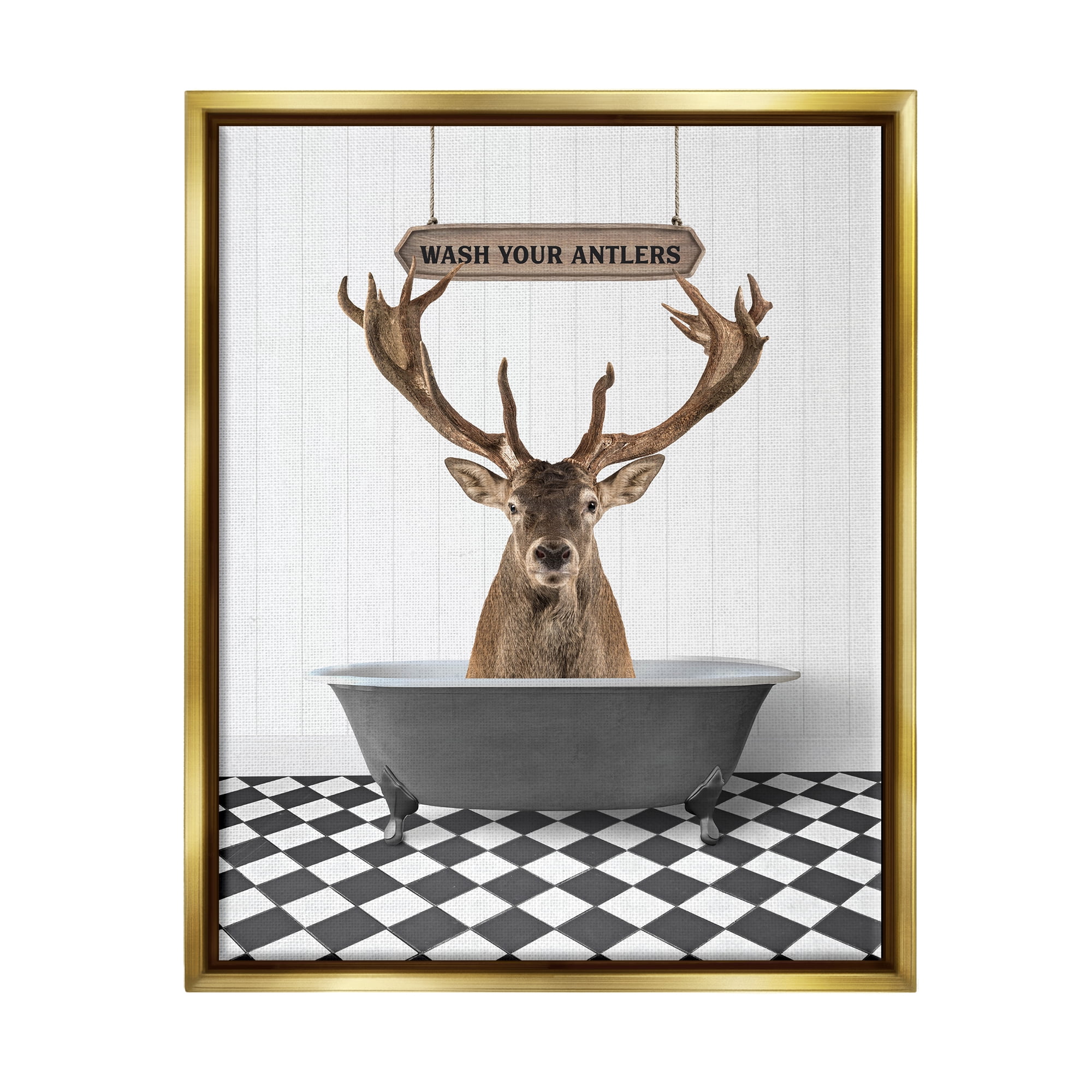 Stupell Industries Wash Your Antlers Elk Animals & Insects Painting Gold Floater Framed Art Print Wall Art, 17 x 21