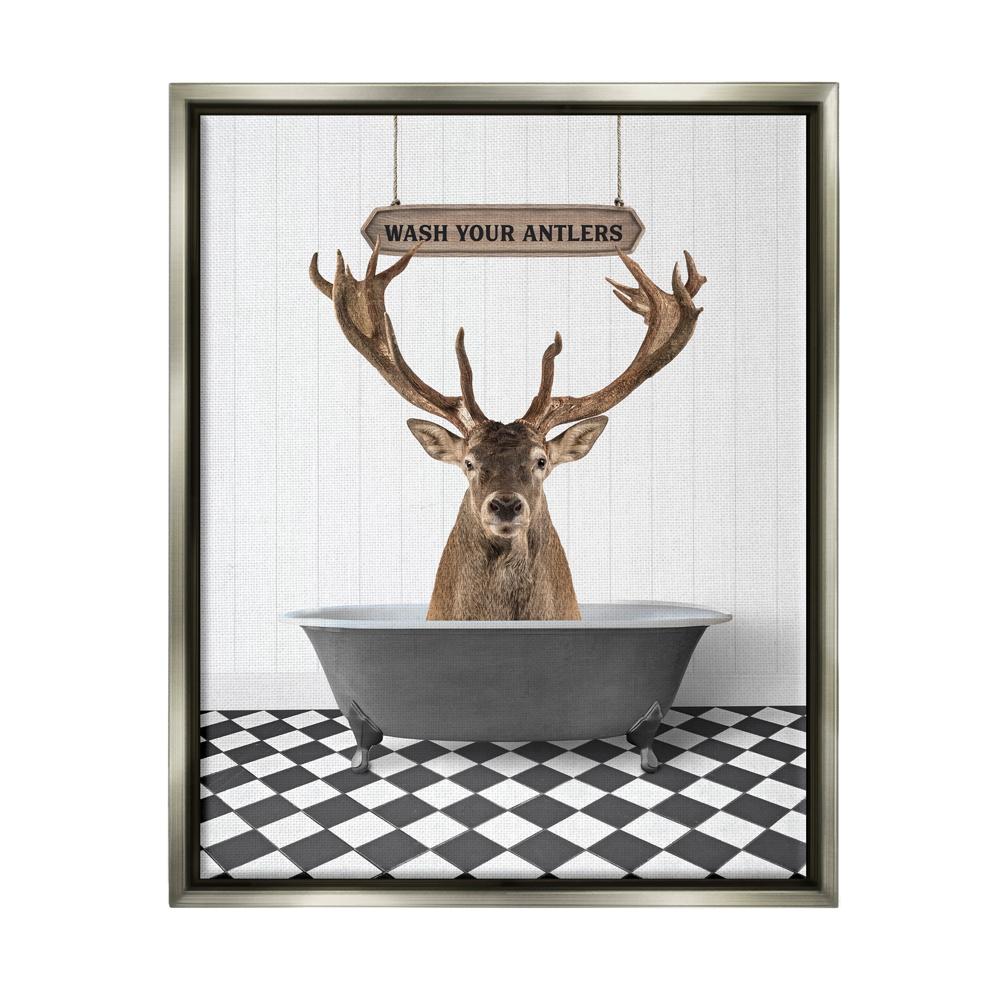 Stupell Industries Wash Your Antlers Elk Animals & Insects Painting Gray Floater Framed Art Print Wall Art, 17 x 21