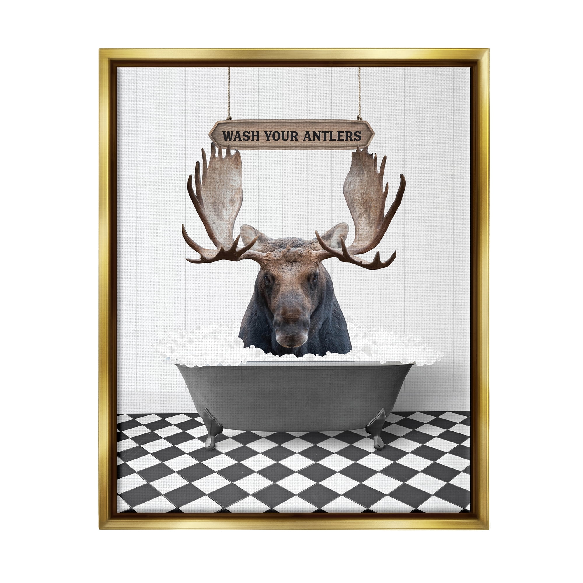 Stupell Industries Wash Your Antlers Moose Animals & Insects Painting Gold Floater Framed Art Print Wall Art, 25 x 31