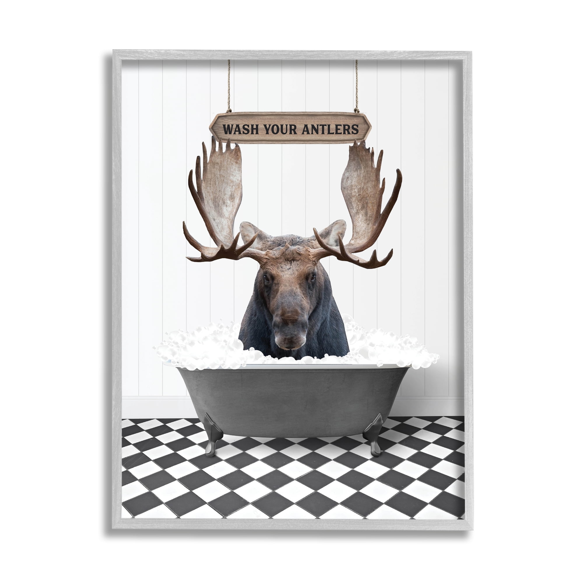 Stupell Industries Wash Your Antlers Moose Animals & Insects Painting Gray Framed Art Print Wall Art, 11 x 14