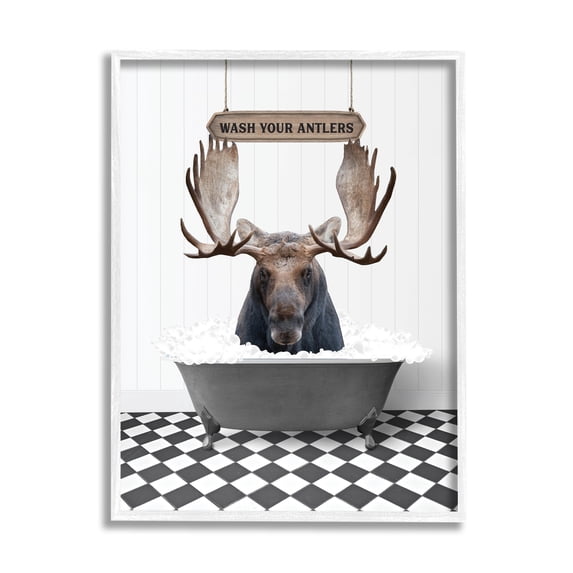 Stupell Industries Wash Your Antlers Moose Animals & Insects Painting White Framed Art Print Wall Art, 24 x 30