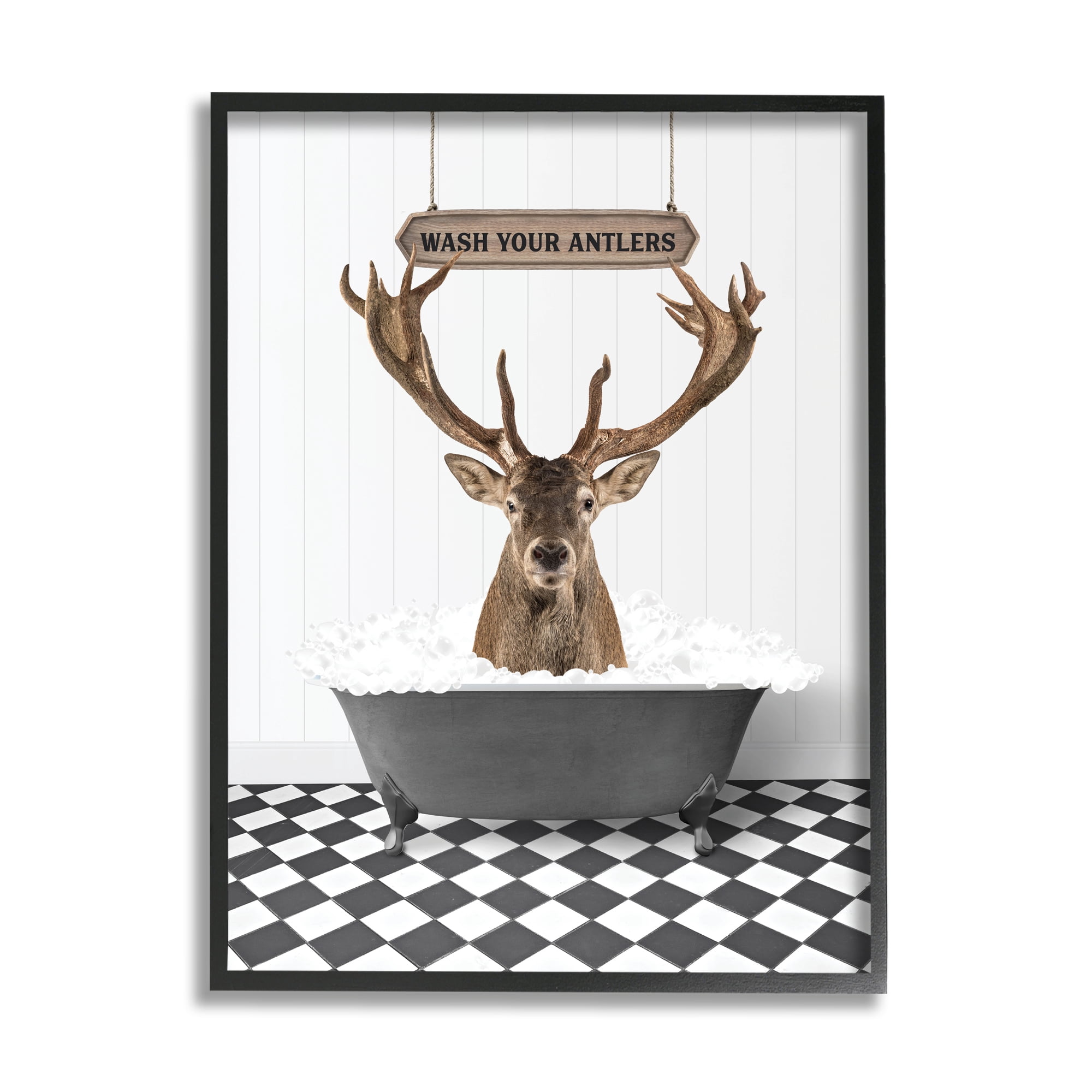 Stupell Industries Wash Your Antlers Phrase Animals & Insects Painting Black Framed Art Print Wall Art, 11 x 14