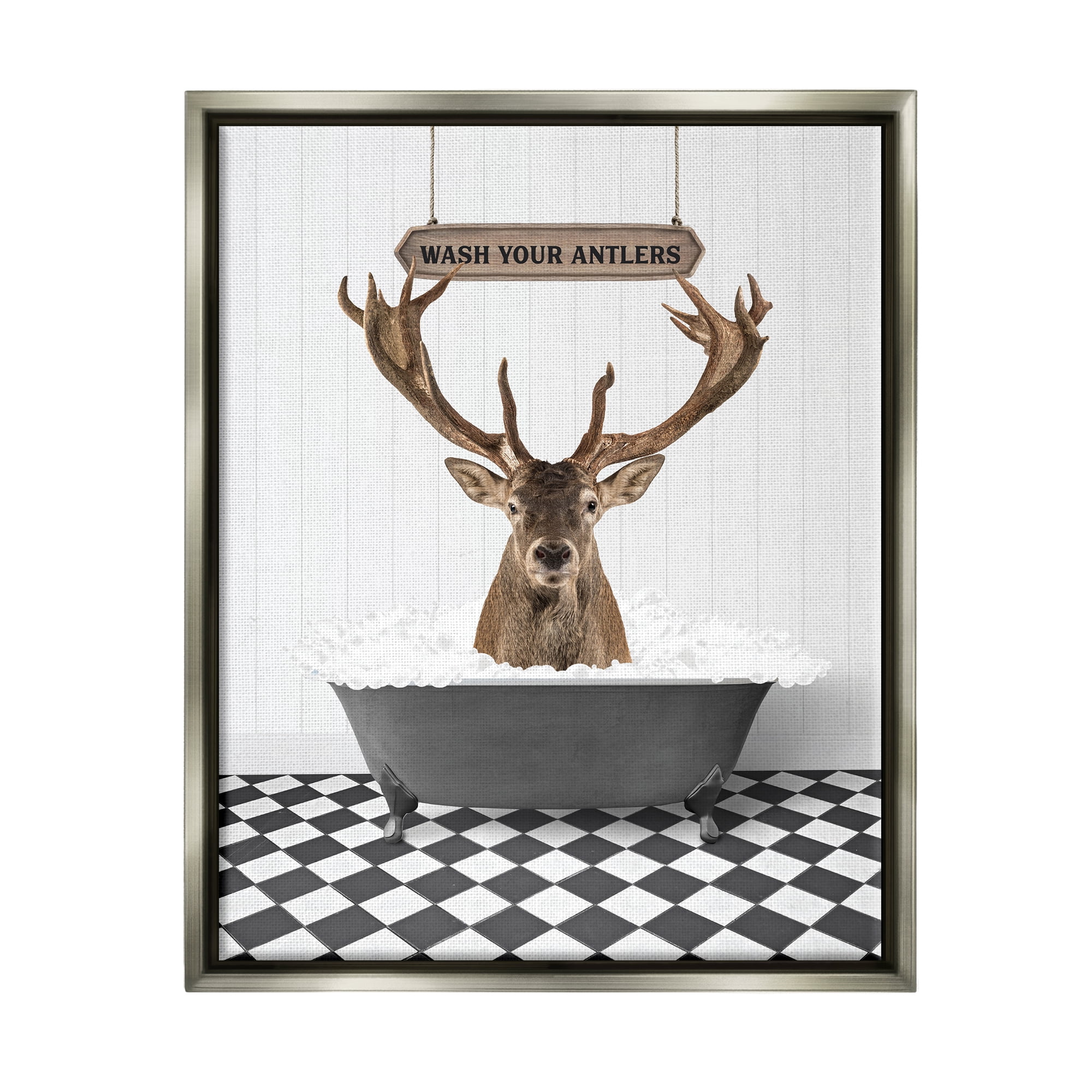 Stupell Industries Wash Your Antlers Phrase Animals & Insects Painting Gray Floater Framed Art Print Wall Art, 25 x 31