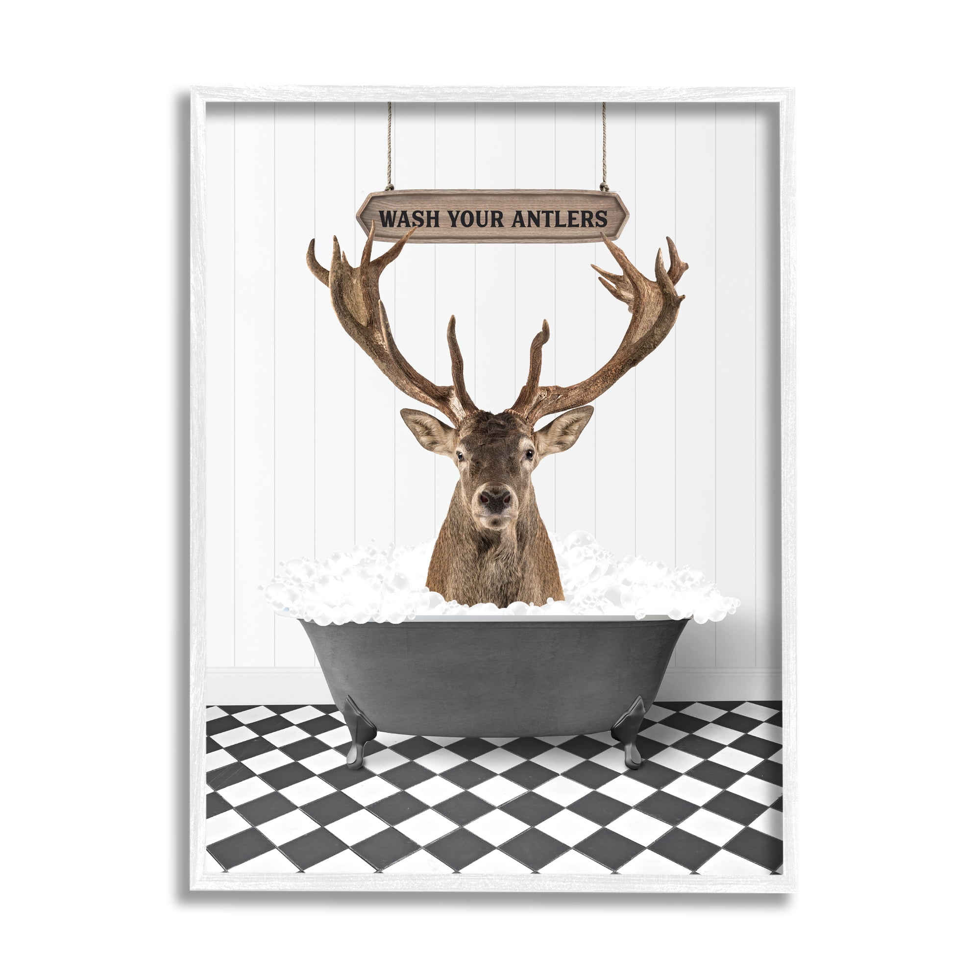 Stupell Industries Wash Your Antlers Phrase Animals & Insects Painting White Framed Art Print Wall Art, 11 x 14