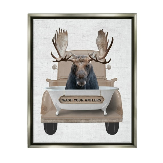 Stupell Industries Wash Your Antlers Truck Animals & Insects Painting Gray Floater Framed Art Print Wall Art, 17 x 21