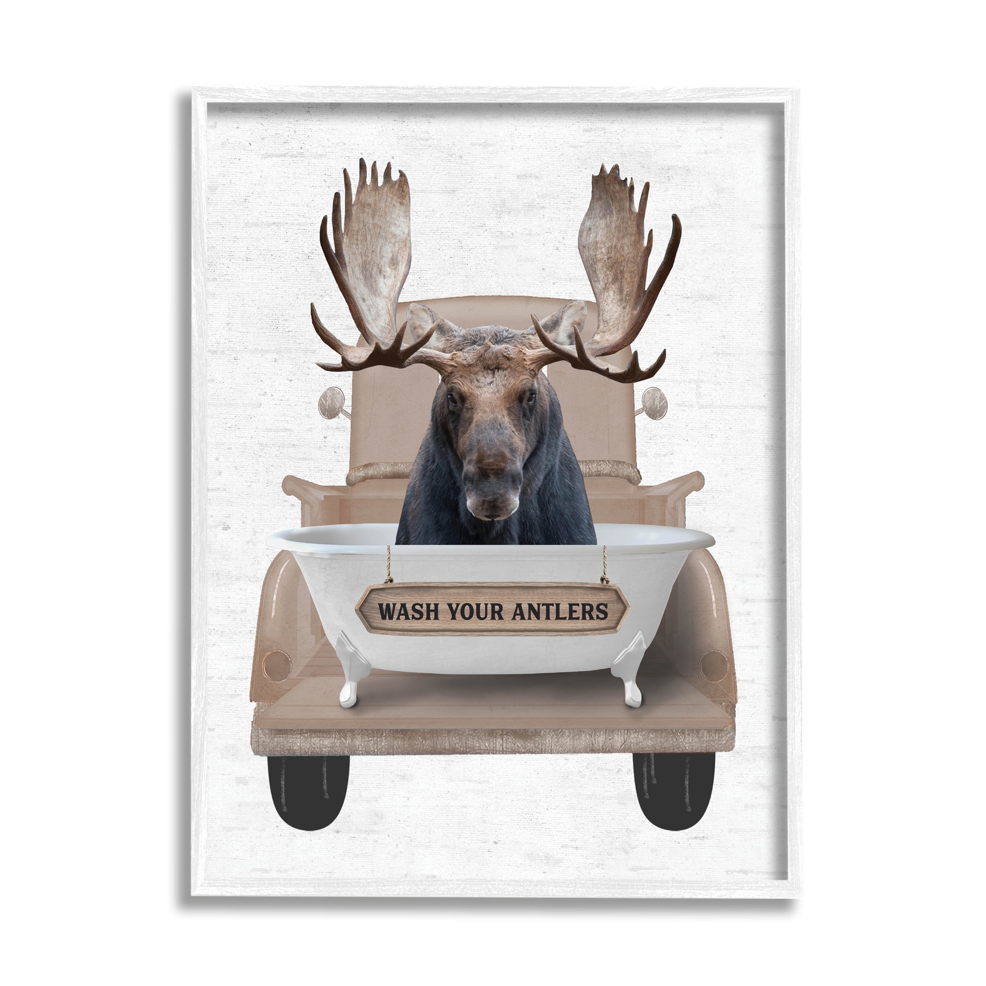 Stupell Industries Wash Your Antlers Truck Animals & Insects Painting White Framed Art Print Wall Art, 24 x 30