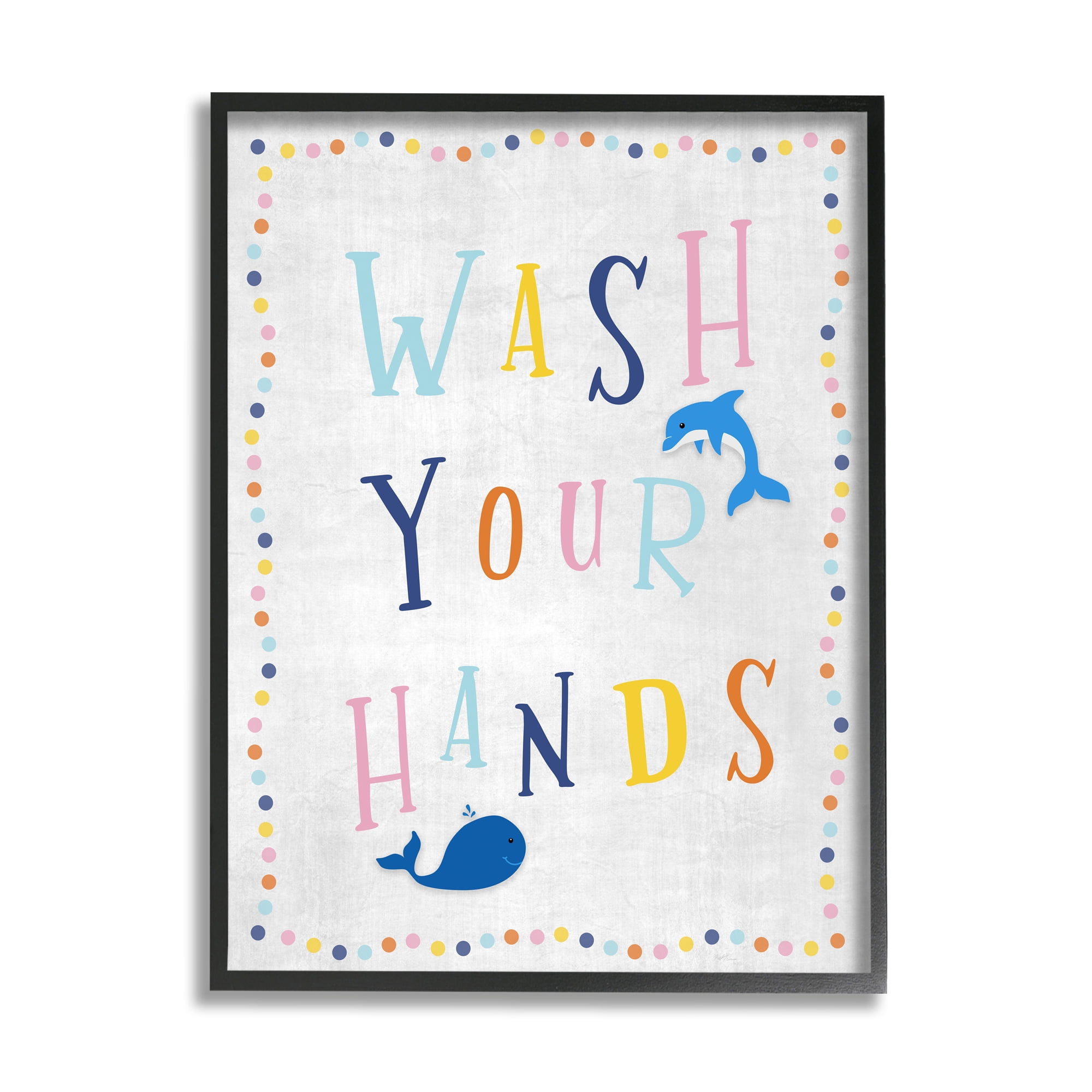 Stupell Industries Wash Your Hands Bathroom Sign Playful Dolphin Whale Typography Painting Black Framed Art Print Wall Art, 11 x 14
