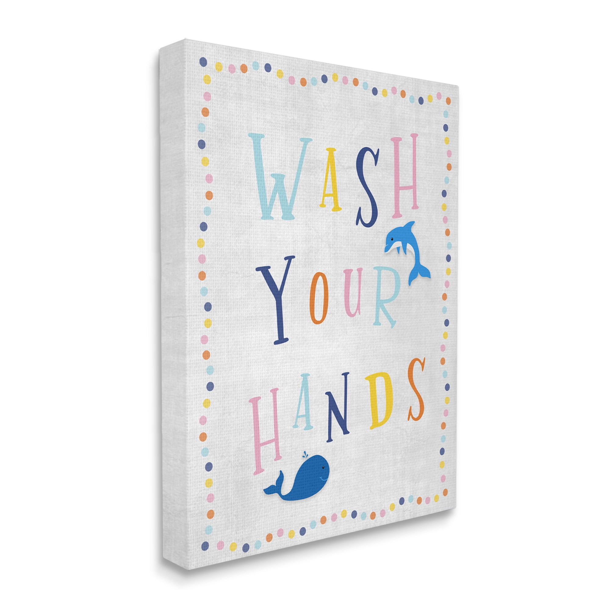 Stupell Industries Wash Your Hands Bathroom Sign Playful Dolphin Whale Typography Painting Gallery Wrapped Canvas Print Wall Art, 30 x 40