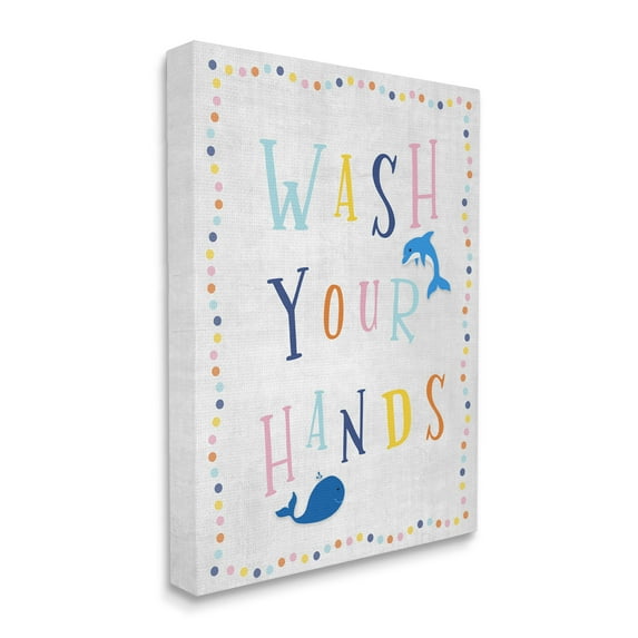 Stupell Industries Wash Your Hands Bathroom Sign Playful Dolphin Whale Typography Painting Gallery Wrapped Canvas Print Wall Art, 36 x 48