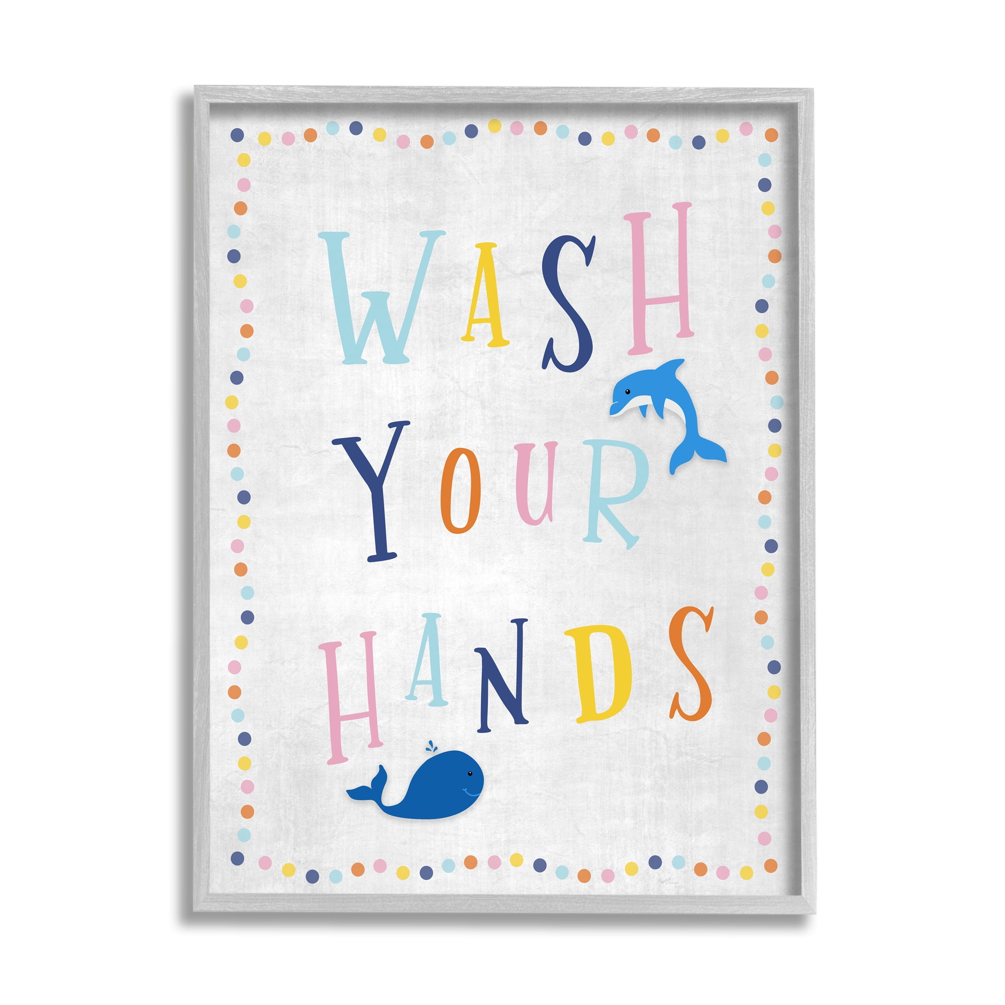 Stupell Industries Wash Your Hands Bathroom Sign Playful Dolphin Whale Typography Painting Gray Framed Art Print Wall Art, 11 x 14