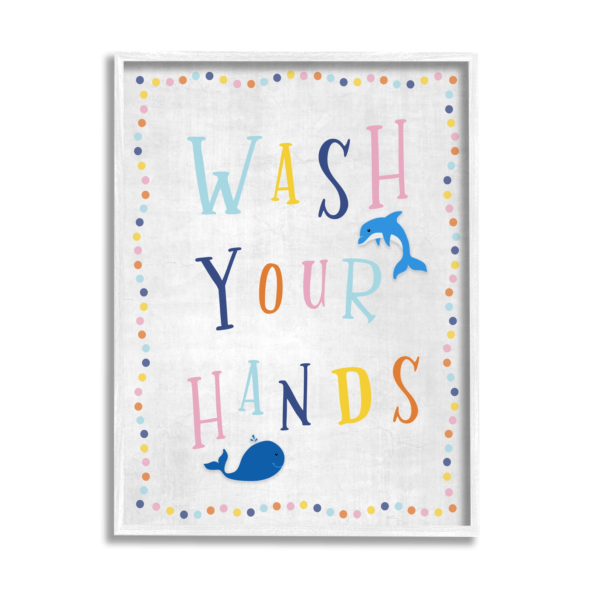 Stupell Industries Wash Your Hands Bathroom Sign Playful Dolphin Whale Typography Painting White Framed Art Print Wall Art, 16 x 20