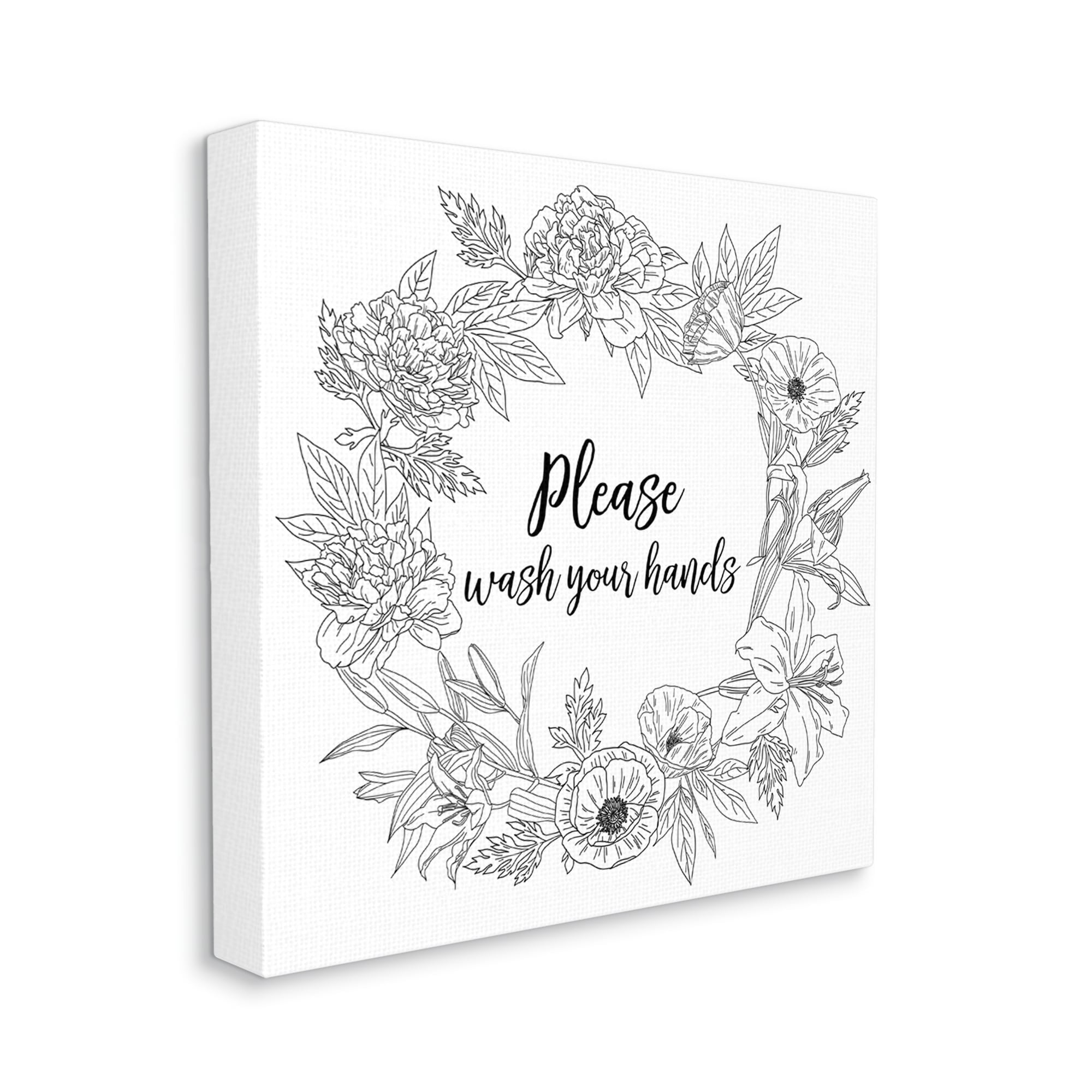 Stupell Industries Wash Your Hands Bathroom Sign Spring Floral Border Botanical & Floral Painting Gallery Wrapped Canvas Print Wall Art, 24 x 24