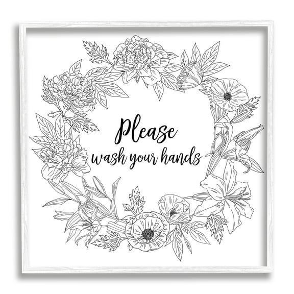 Stupell Industries Wash Your Hands Bathroom Sign Spring Floral Border Botanical & Floral Painting White Framed Art Print Wall Art, 12 x 12