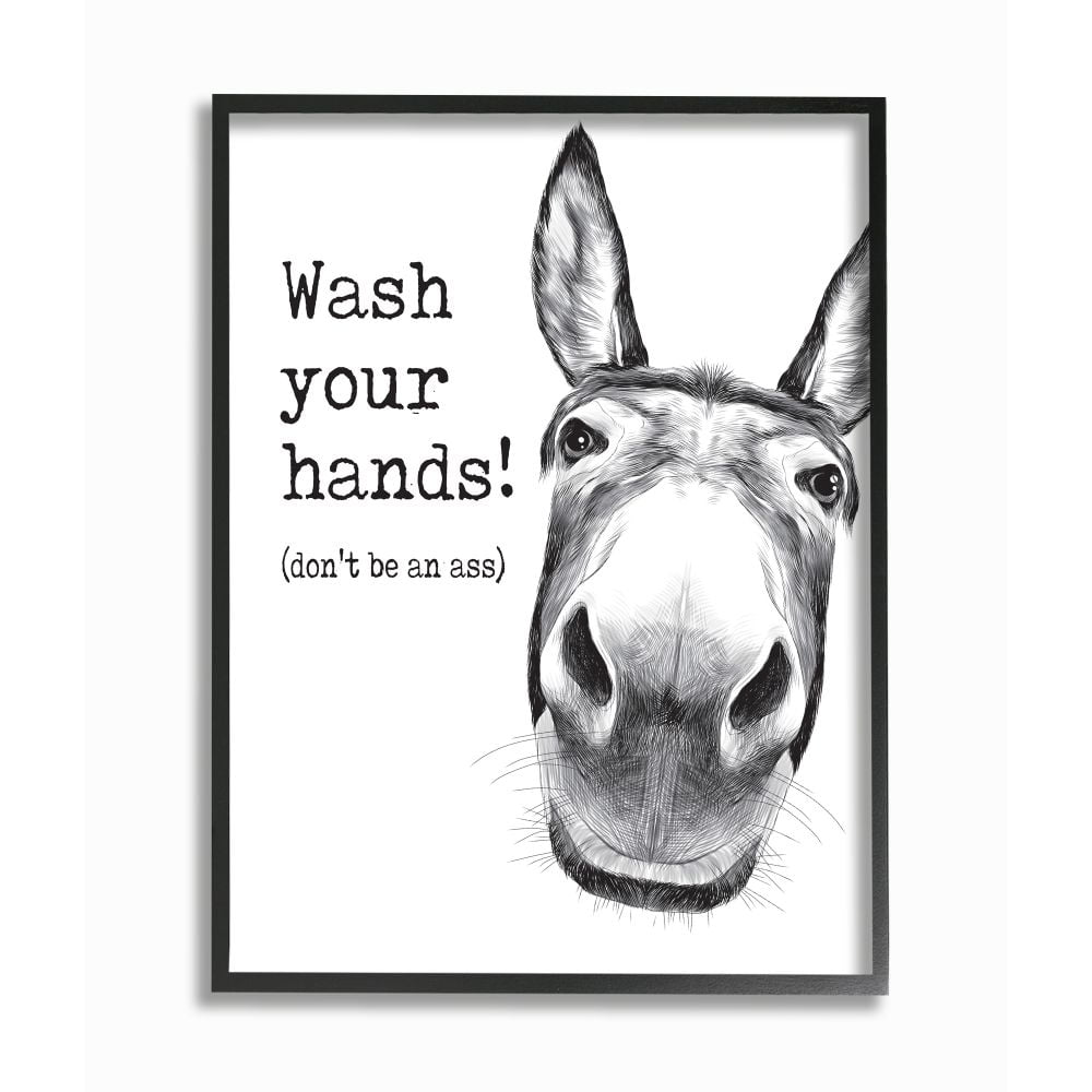 Stupell Industries Wash Your Hands Donkey Quote Bathroom Animal Humor Framed Wall Art Design by Lettered and Lined, 16" x 20", Black Framed