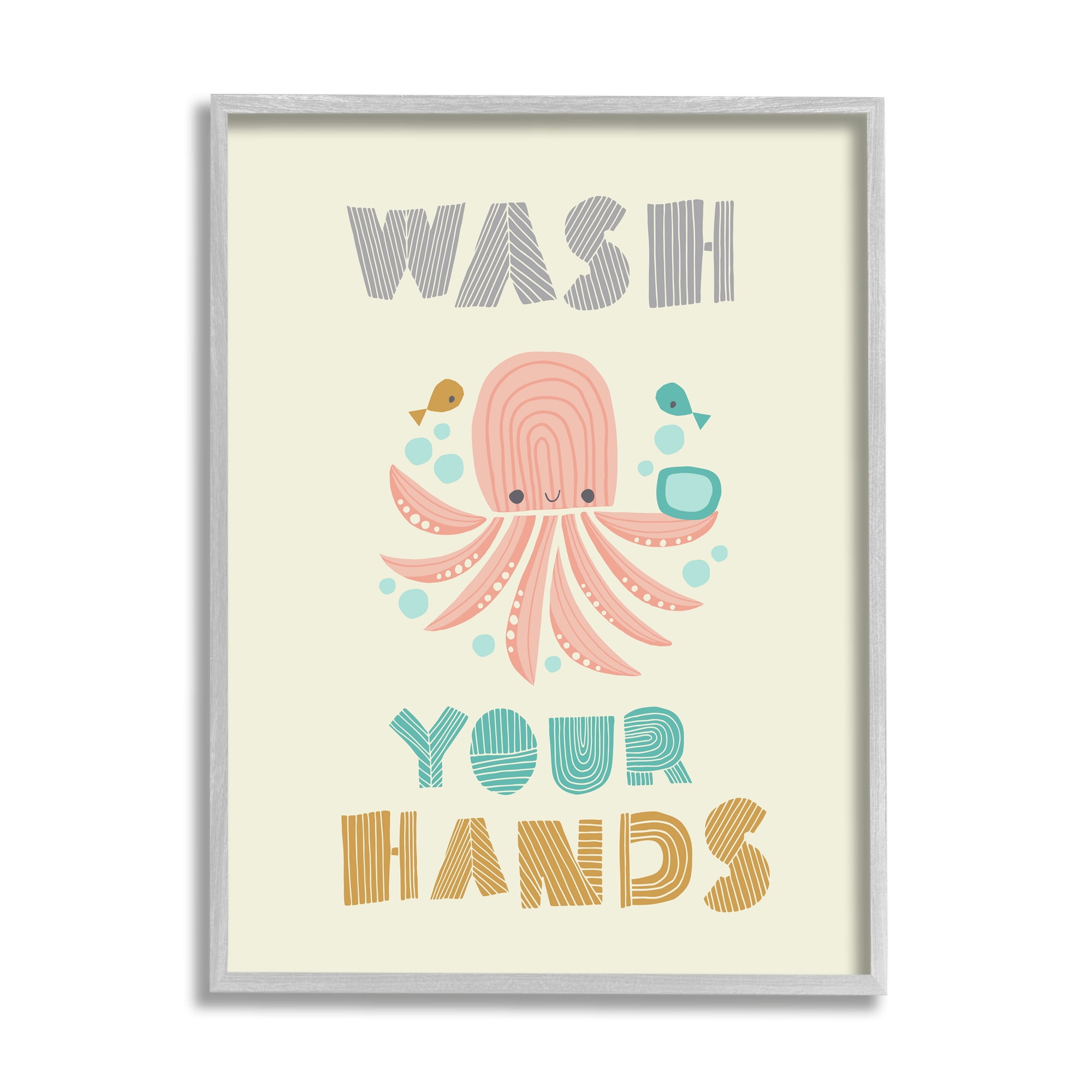 Stupell Industries Wash Your Hands Mod Octopus Graphic Art Gray Framed Art Print Wall Art, 24x30, by Heather Rosas