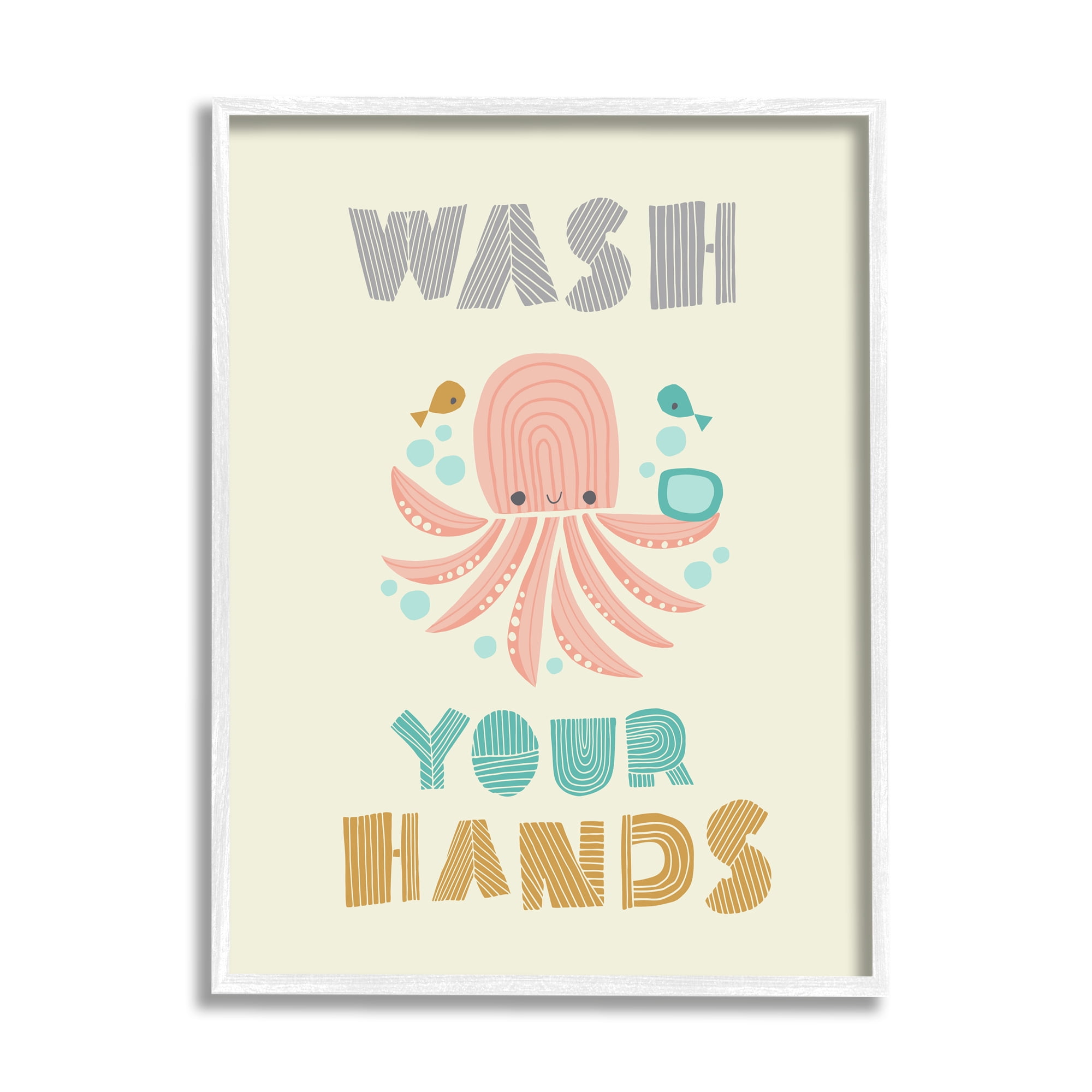 Stupell Industries Wash Your Hands Mod Octopus Graphic Art White Framed Art Print Wall Art, 16x20, by Heather Rosas