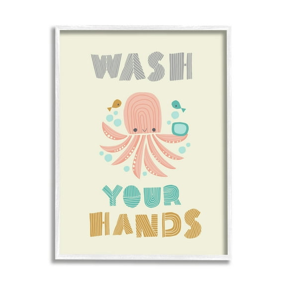 Stupell Industries Wash Your Hands Mod Octopus Graphic Art White Framed Art Print Wall Art, 16x20, by Heather Rosas