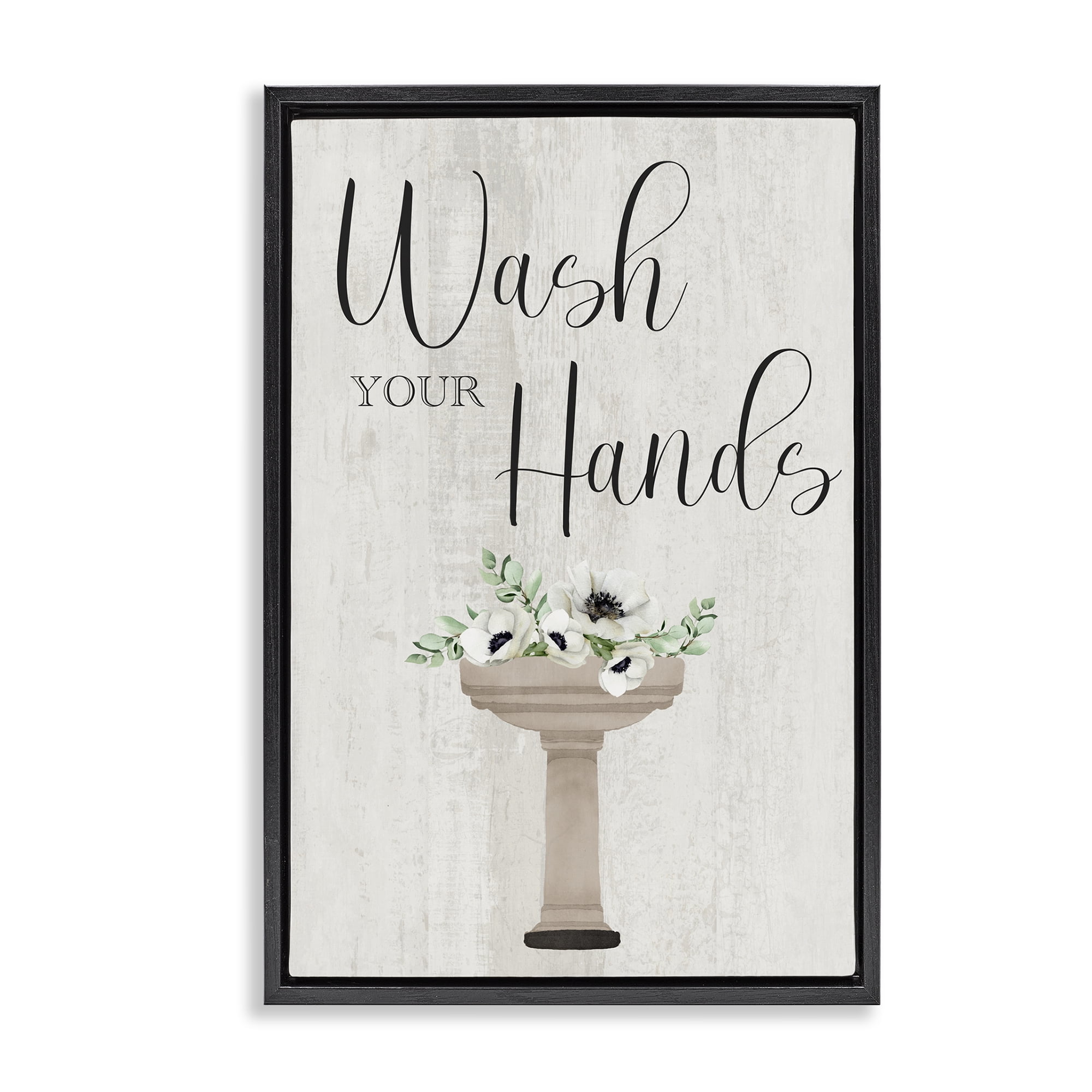 Stupell Industries Wash Your Hands Poppies Bath & Laundry Painting Black Floater Framed Canvas Art Print Wall Art, 17 x 25