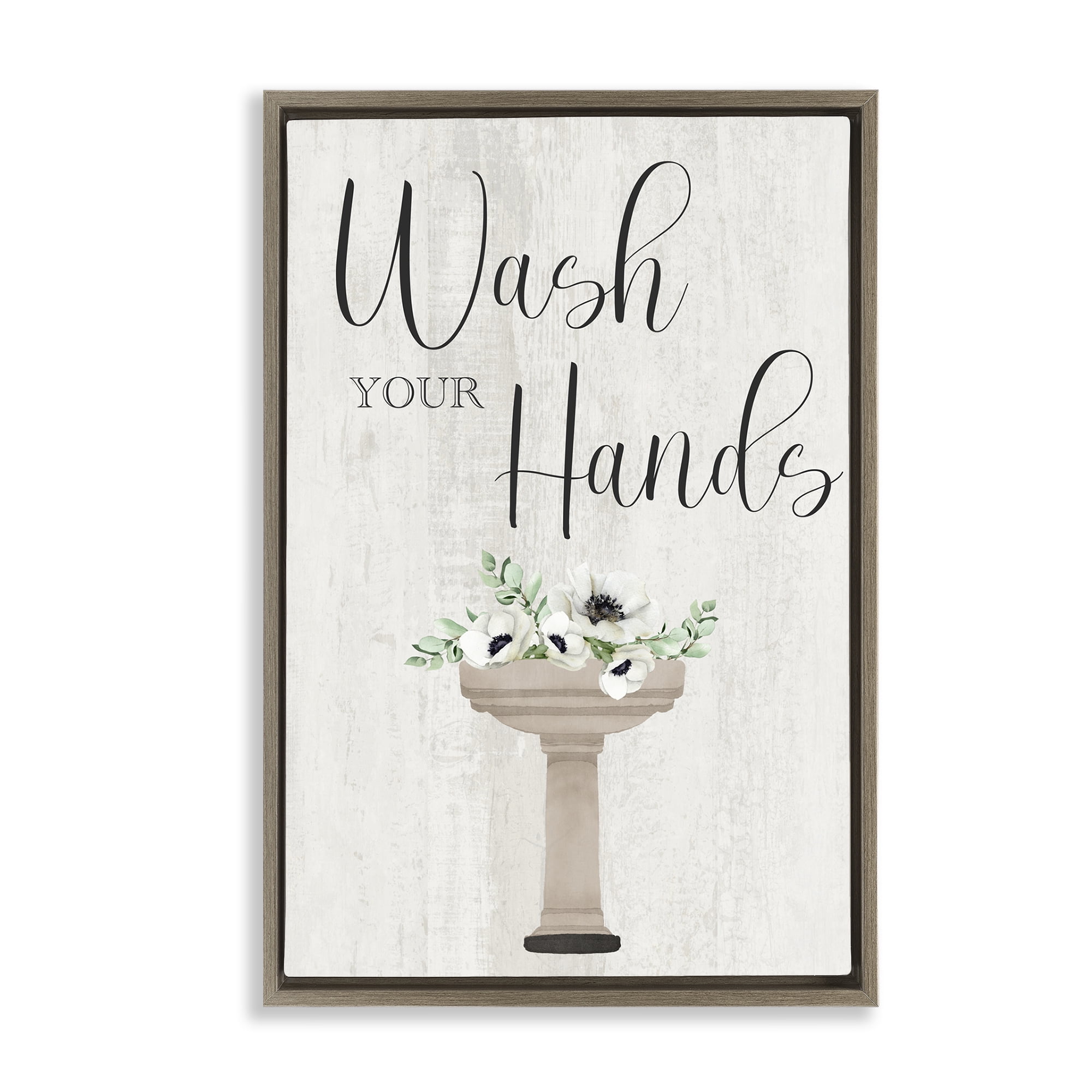 Stupell Industries Wash Your Hands Poppies Bath & Laundry Painting Brown Floater Framed Canvas Art Print Wall Art, 17 x 25