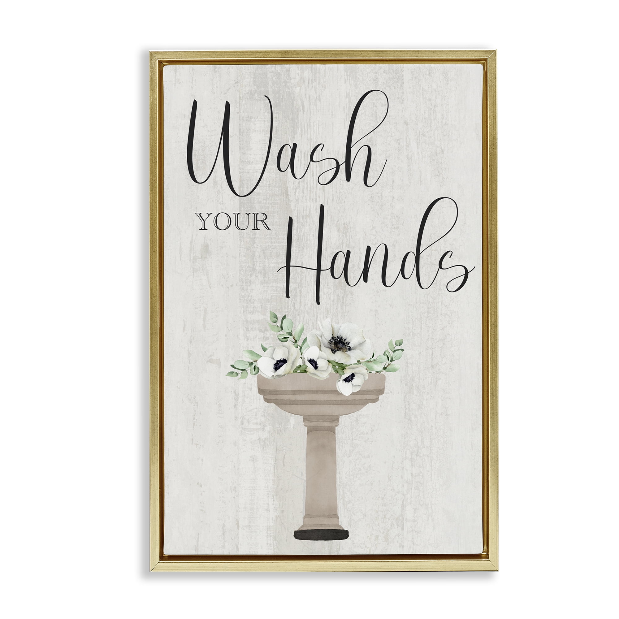Stupell Industries Wash Your Hands Poppies Bath & Laundry Painting Gold Floater Framed Canvas Art Print Wall Art, 21 x 31