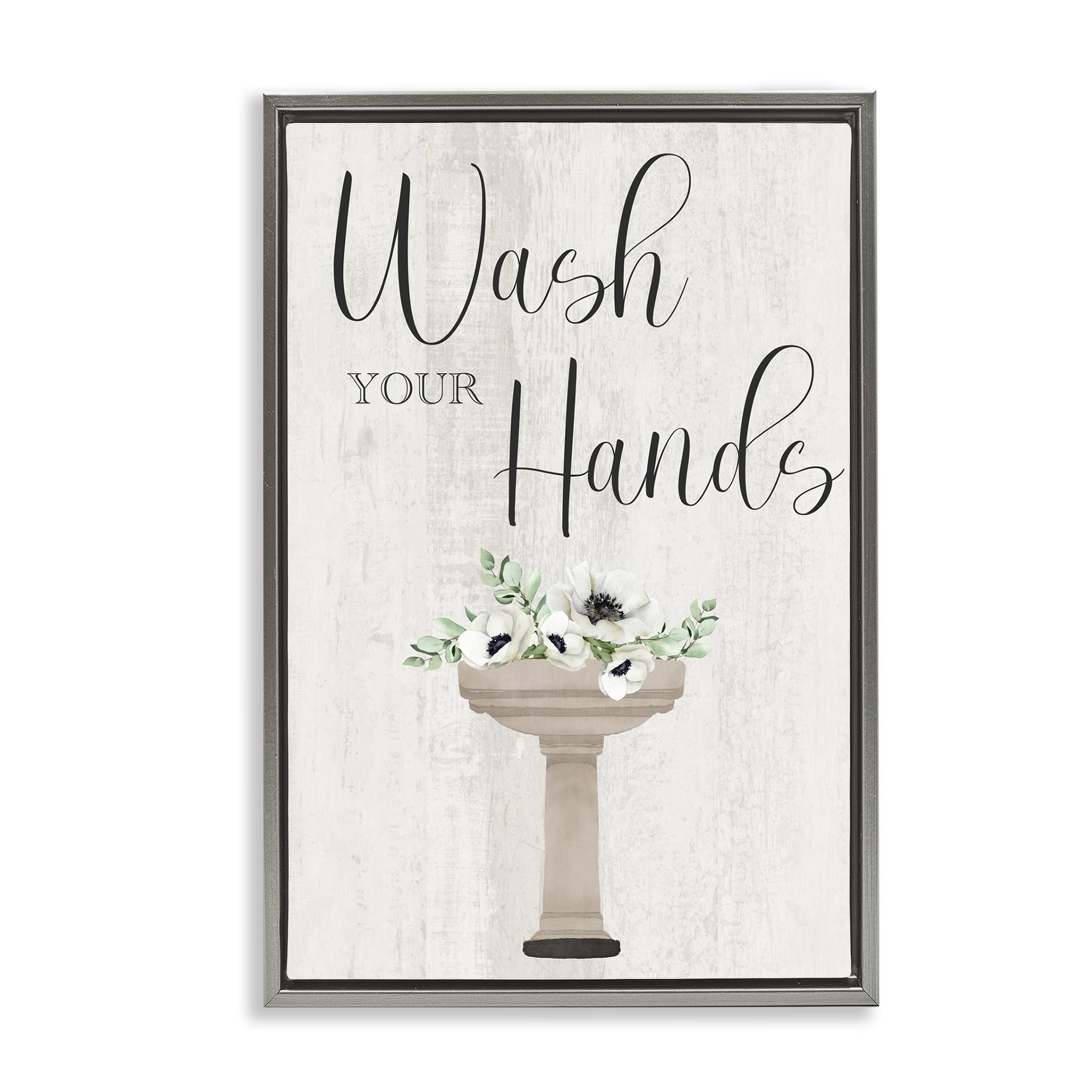 Stupell Industries Wash Your Hands Poppies Bath & Laundry Painting Gray Floater Framed Canvas Art Print Wall Art, 21 x 31