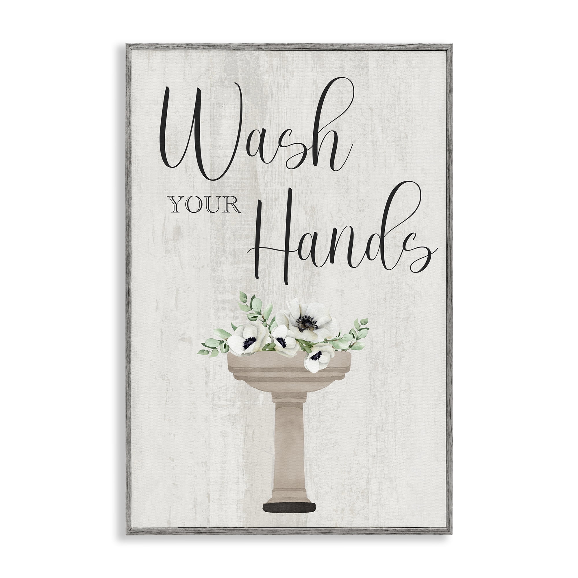 Stupell Industries Wash Your Hands Poppies Bath & Laundry Painting Gray Framed Art Print Wall Art, 12 x 18