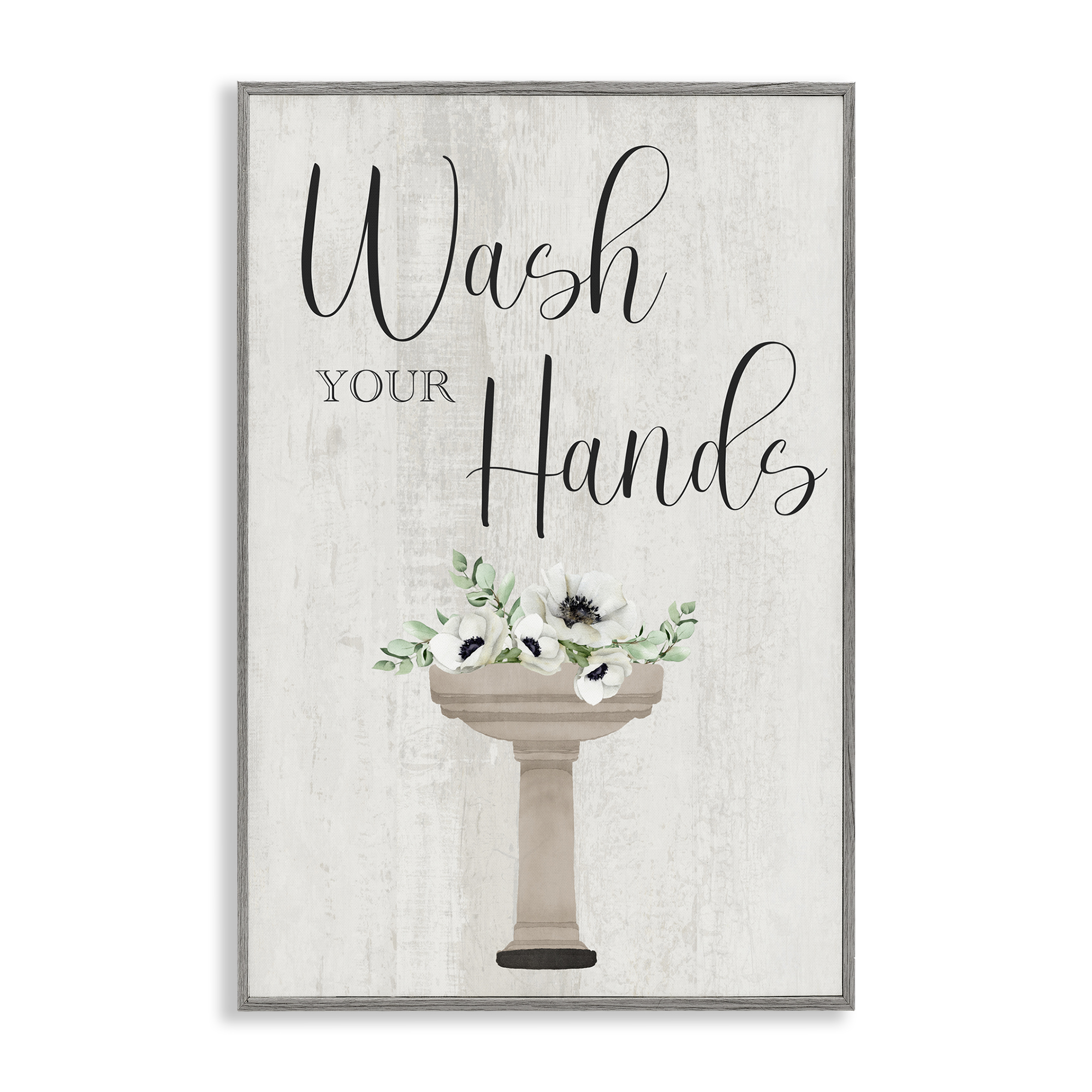 Stupell Industries Wash Your Hands Poppies Bath & Laundry Painting Gray Framed Art Print Wall Art, 16 x 24