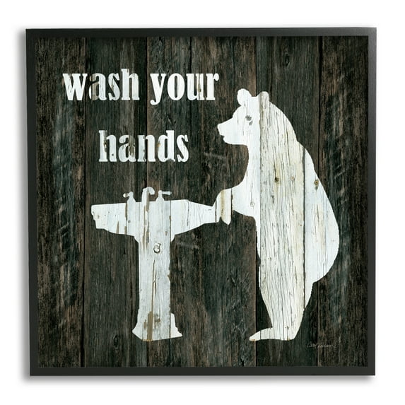 Stupell Industries Wash Your Hands Rustic Bathroom Wilderness Bear Sink Animals & Insects Painting Black Framed Art Print Wall Art, 24 x 24