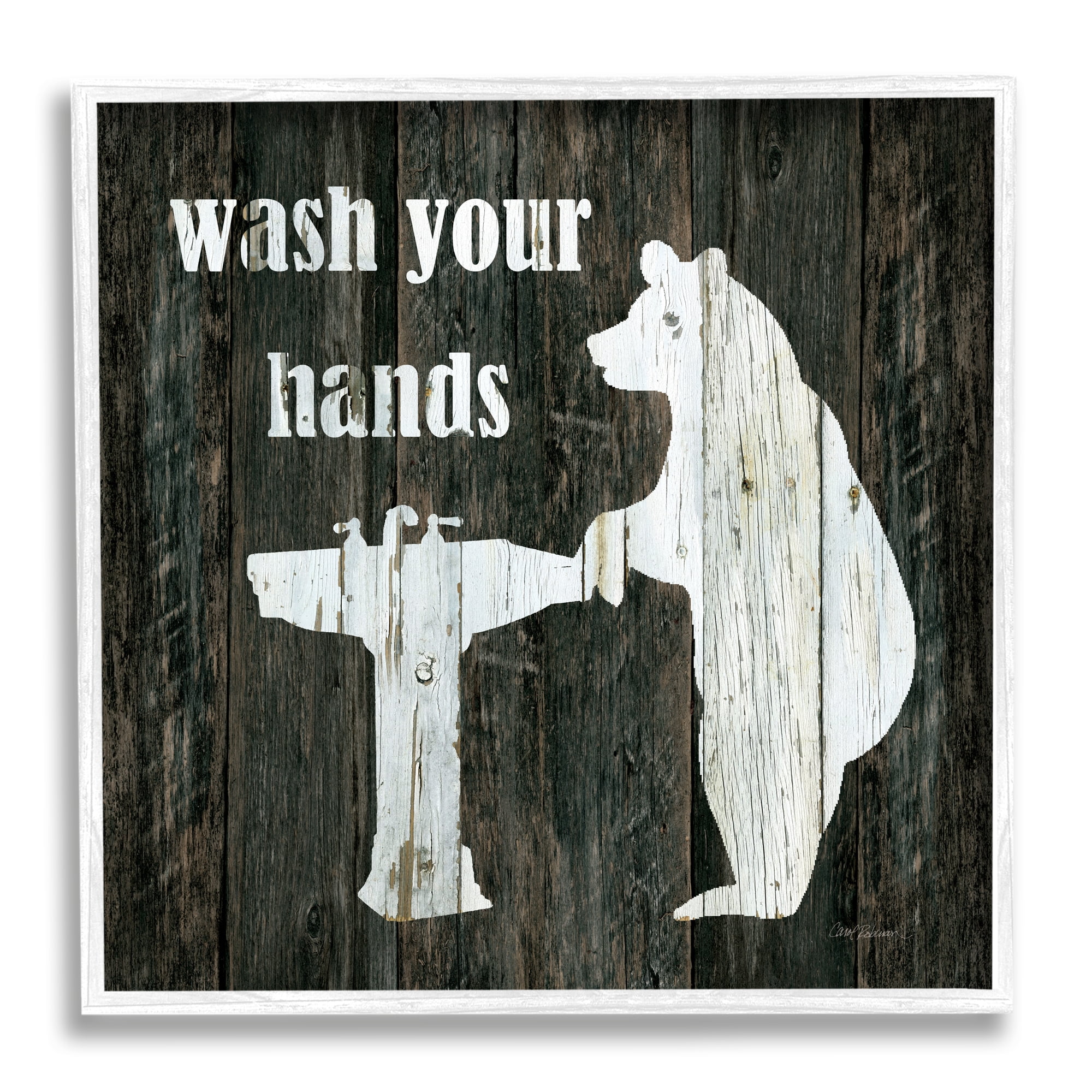 Stupell Industries Wash Your Hands Rustic Bathroom Wilderness Bear Sink Animals & Insects Painting White Framed Art Print Wall Art, 12 x 12