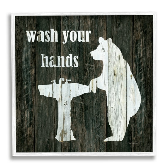 Stupell Industries Wash Your Hands Rustic Bathroom Wilderness Bear Sink Animals & Insects Painting White Framed Art Print Wall Art, 24 x 24