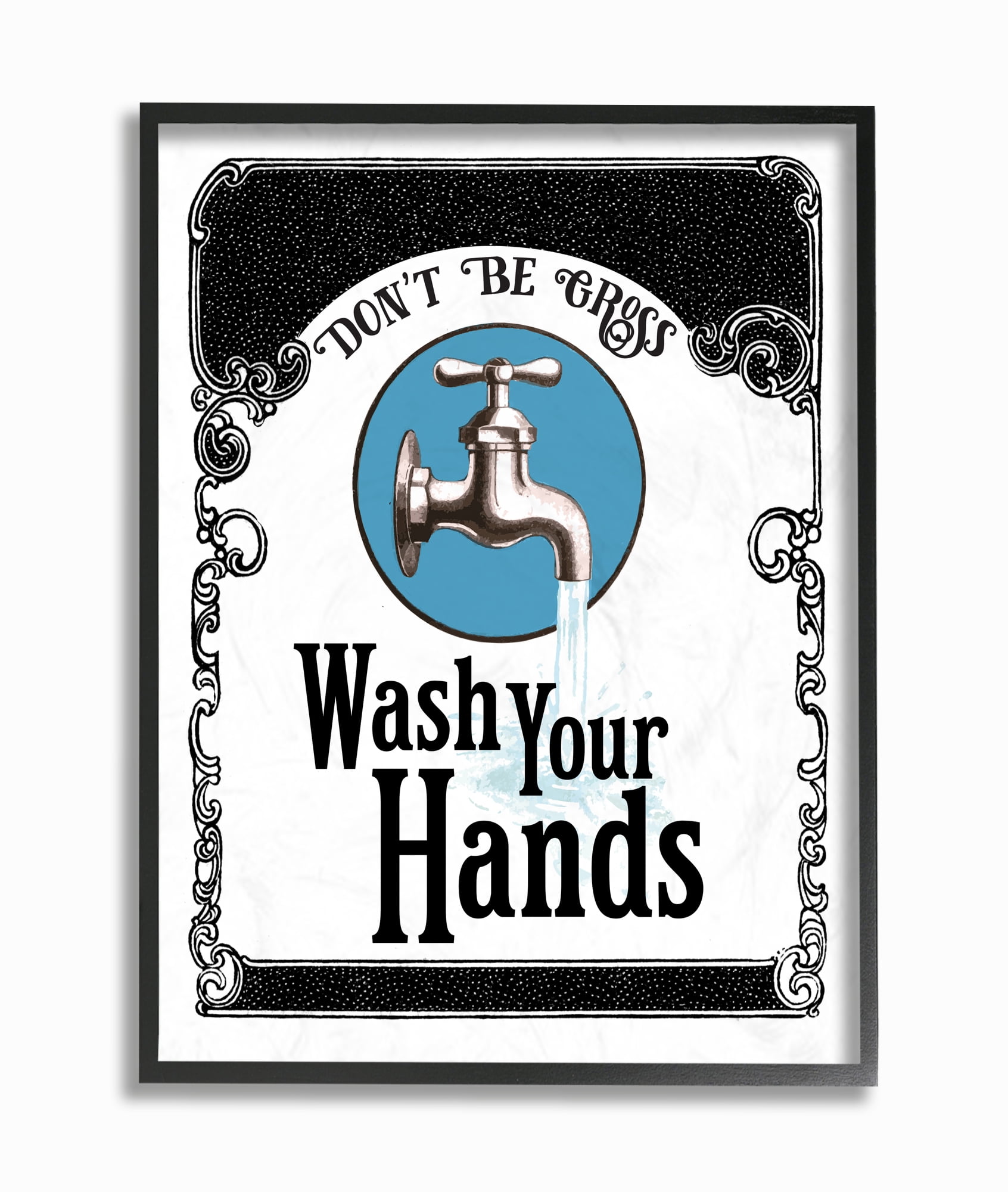 Stupell Industries Wash Your Hands Vintage Blue Black Bathroom Design Framed Wall Art by The Saturday Evening Post