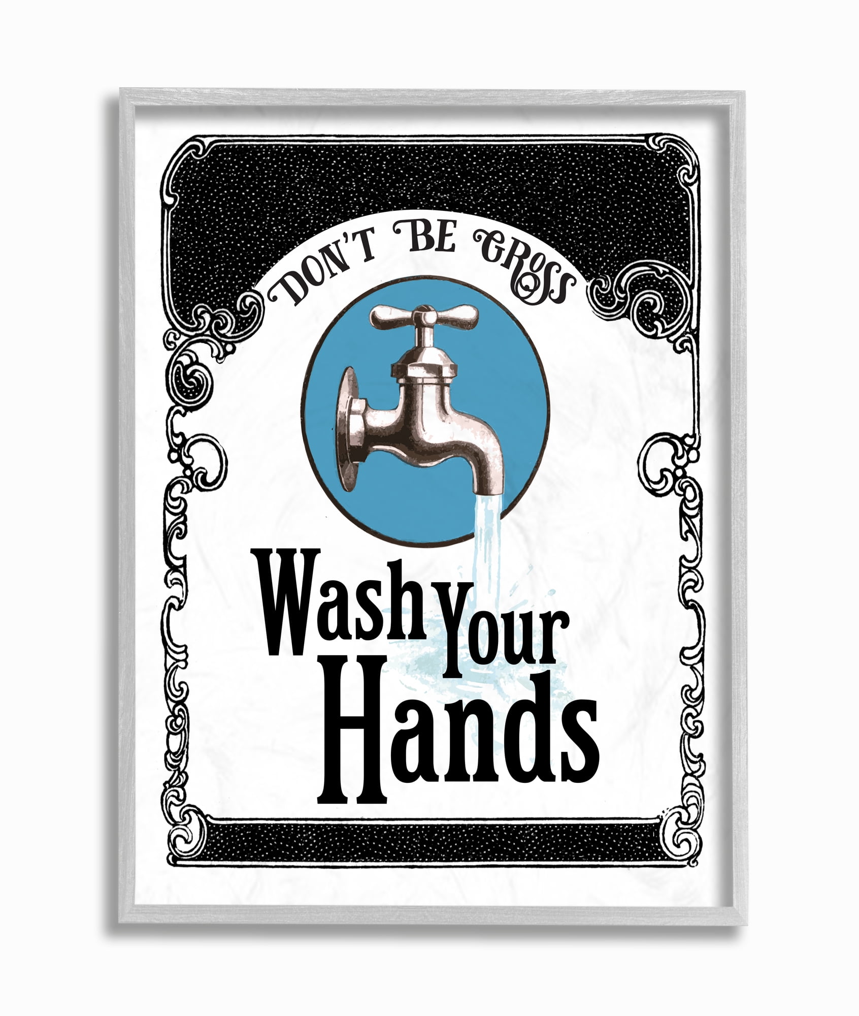 Stupell Industries Wash Your Hands Vintage Blue Black Bathroom Design Framed Wall Art by The Saturday Evening Post