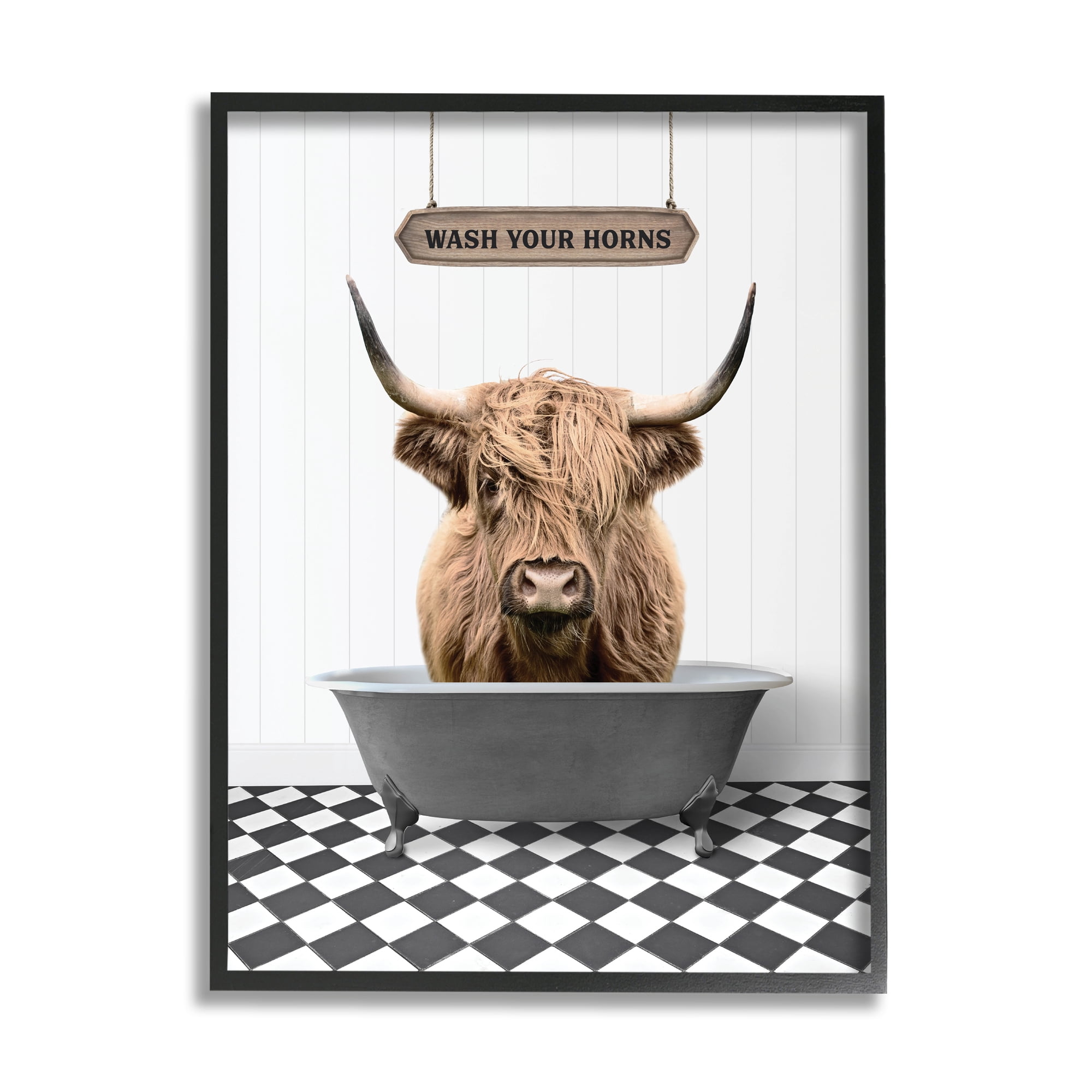 Stupell Industries Wash Your Horns Bathroom Animals & Insects Painting Black Framed Art Print Wall Art, 24 x 30