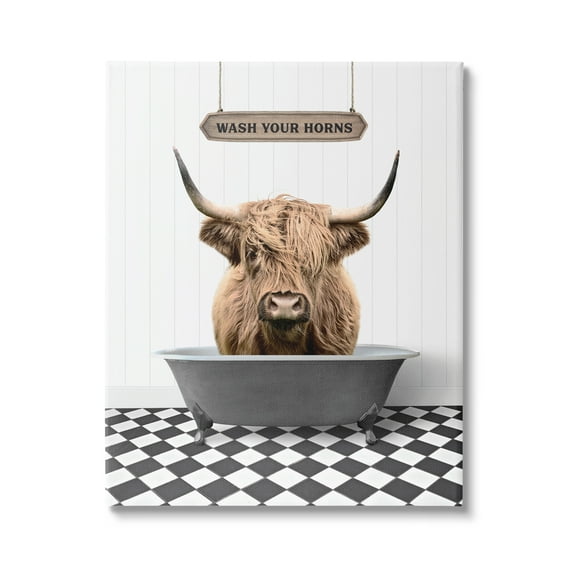 Stupell Industries Wash Your Horns Bathroom Animals & Insects Painting Gallery Wrapped Canvas Print Wall Art, 16 x 20