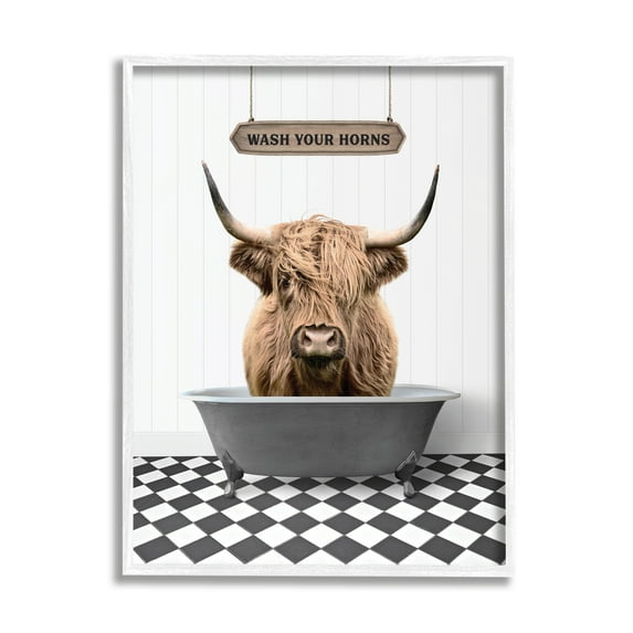 Stupell Industries Wash Your Horns Bathroom Animals & Insects Painting White Framed Art Print Wall Art, 24 x 30