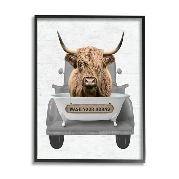 Stupell Industries Wash Your Horns Cattle Animals & Insects Painting Black Framed Art Print Wall Art, 24 x 30