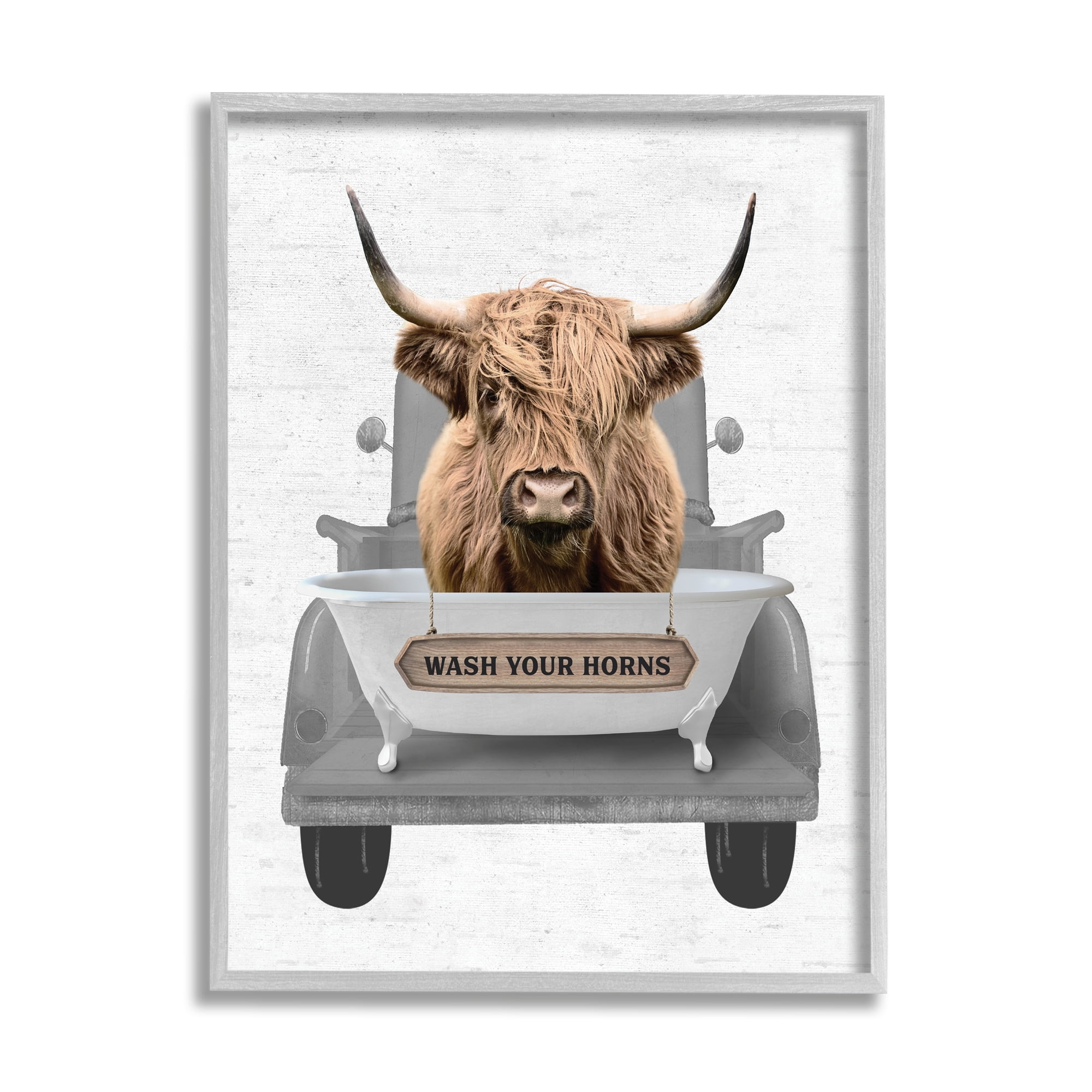 Stupell Industries Wash Your Horns Cattle Animals & Insects Painting Gray Framed Art Print Wall Art, 16 x 20