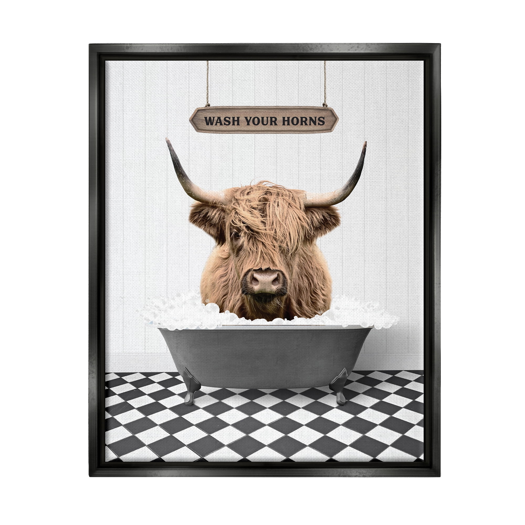 Stupell Industries Wash Your Horns Phrase Animals & Insects Painting Black Floater Framed Art Print Wall Art, 25 x 31