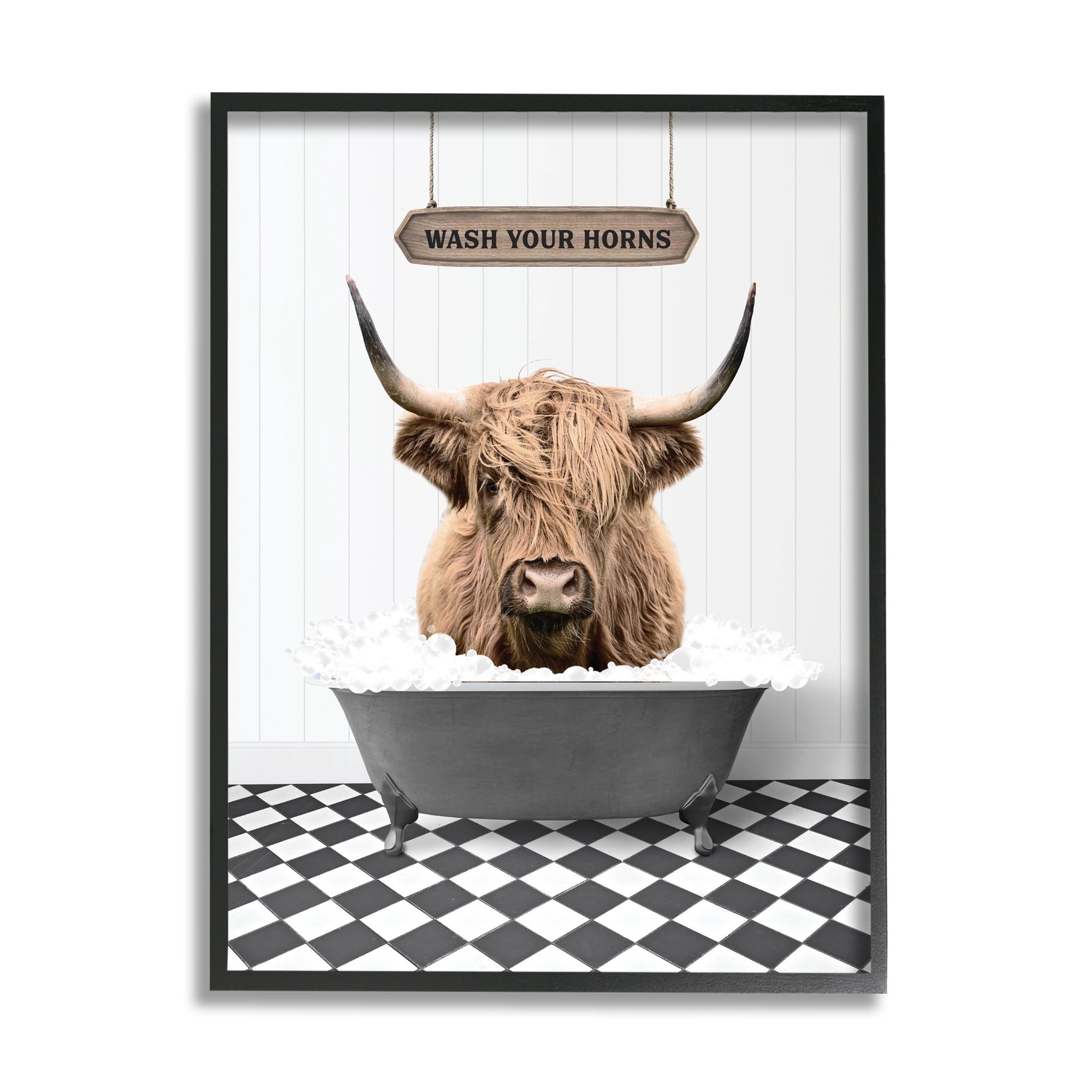 Stupell Industries Wash Your Horns Phrase Animals & Insects Painting Black Framed Art Print Wall Art, 16 x 20