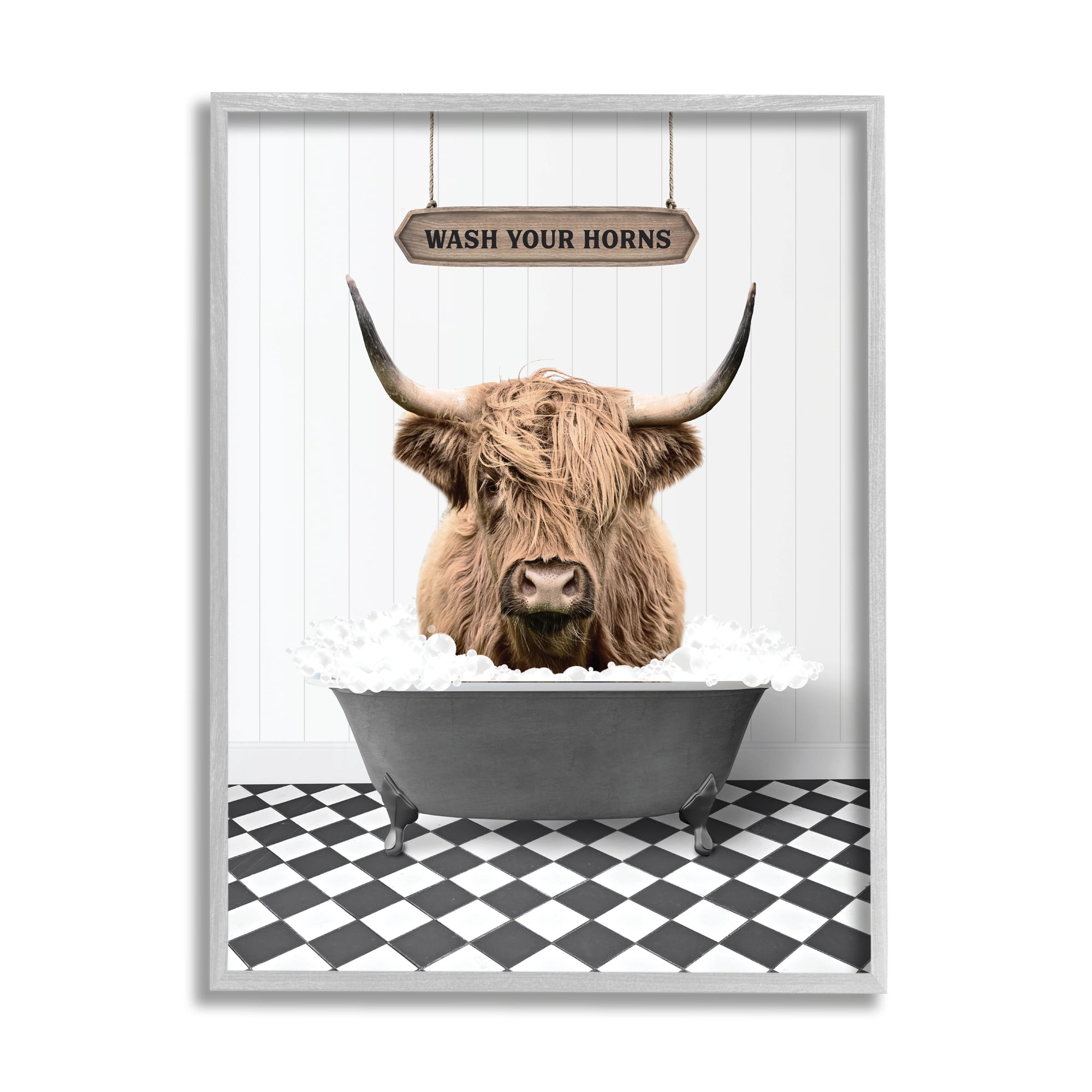 Stupell Industries Wash Your Horns Phrase Animals & Insects Painting Gray Framed Art Print Wall Art, 11 x 14