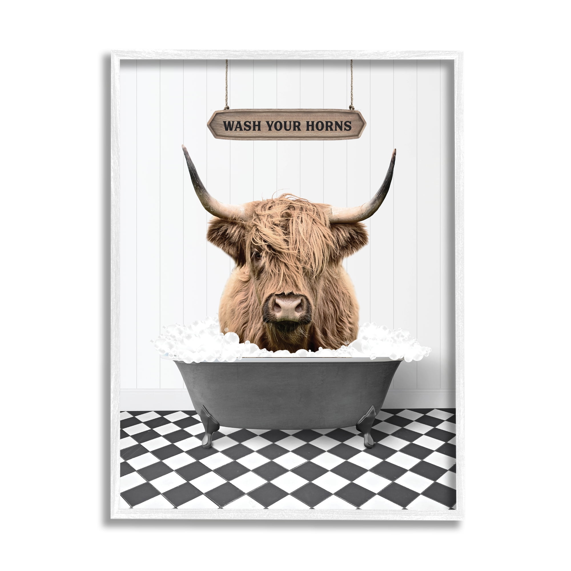 Stupell Industries Wash Your Horns Phrase Animals & Insects Painting White Framed Art Print Wall Art, 16 x 20