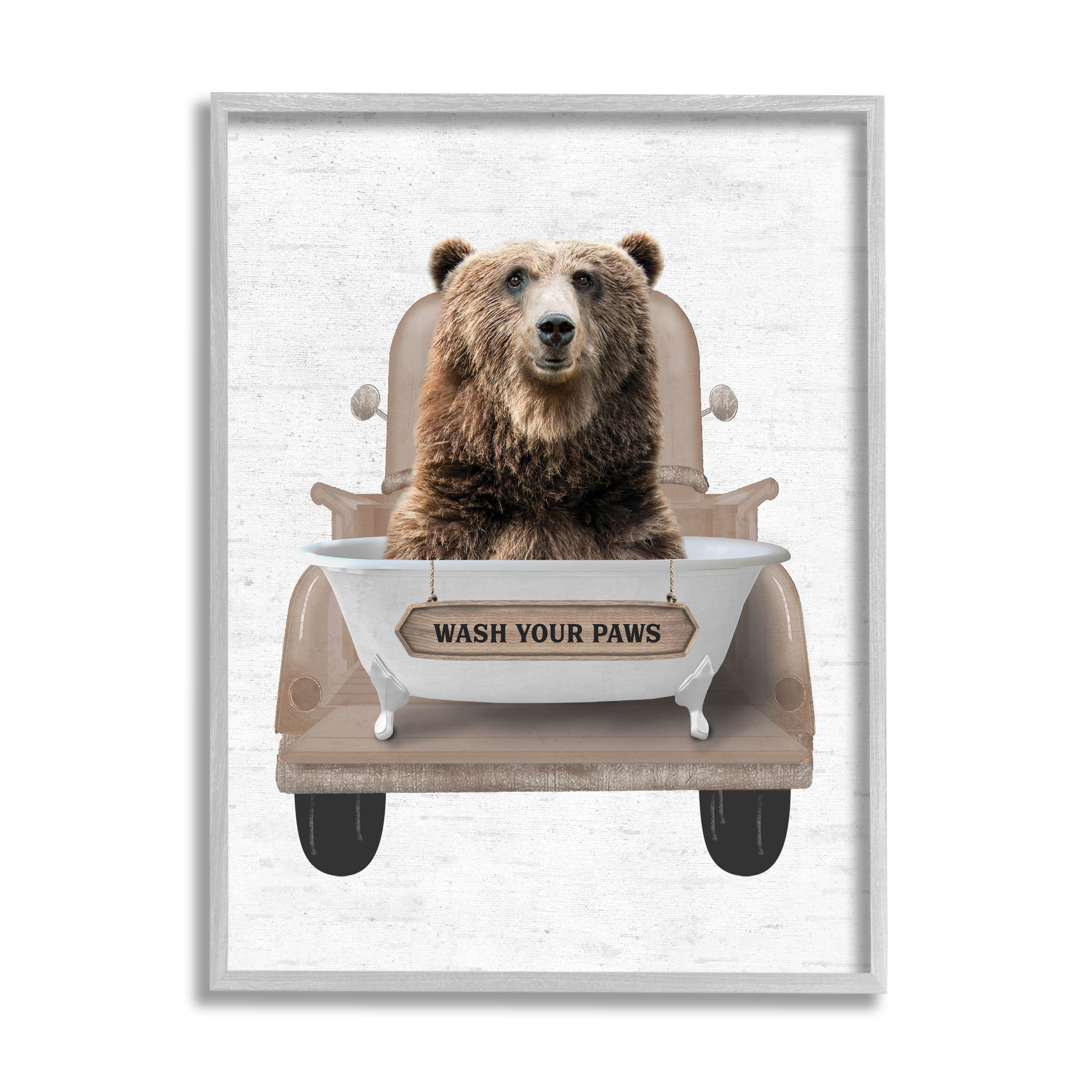 Stupell Industries Wash Your Paws Bear Animals & Insects Painting Gray Framed Art Print Wall Art, 24 x 30